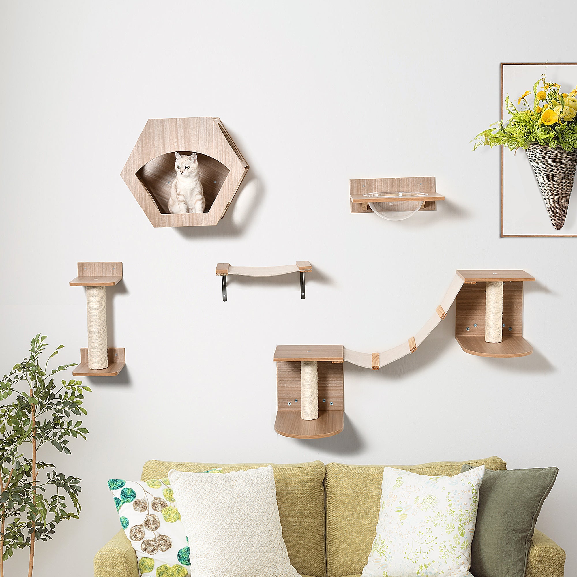 PawHut Cat Tree 5PCs Pet Wall-mounted Climbing Frame Shelf Set Kitten Perch Activity Center with Hammock, Scratching Post, Jumping Platform, Condo Light Brown