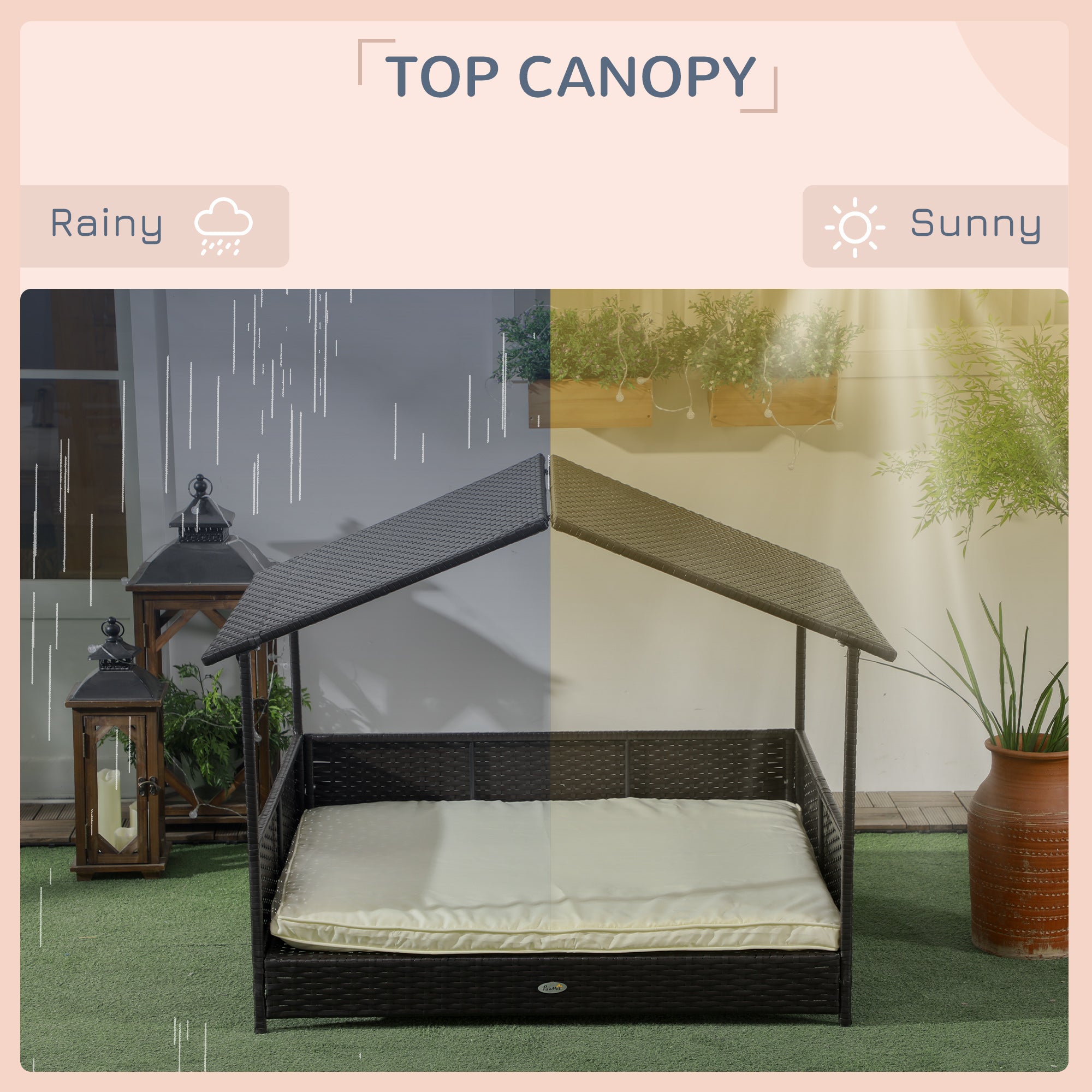 PawHut Rattan Dog House Outdoor with Shade Canopy, Elevated Wicker Dog Bed with Soft Cushion Washable Cover, for Medium Large Dogs, Cream White