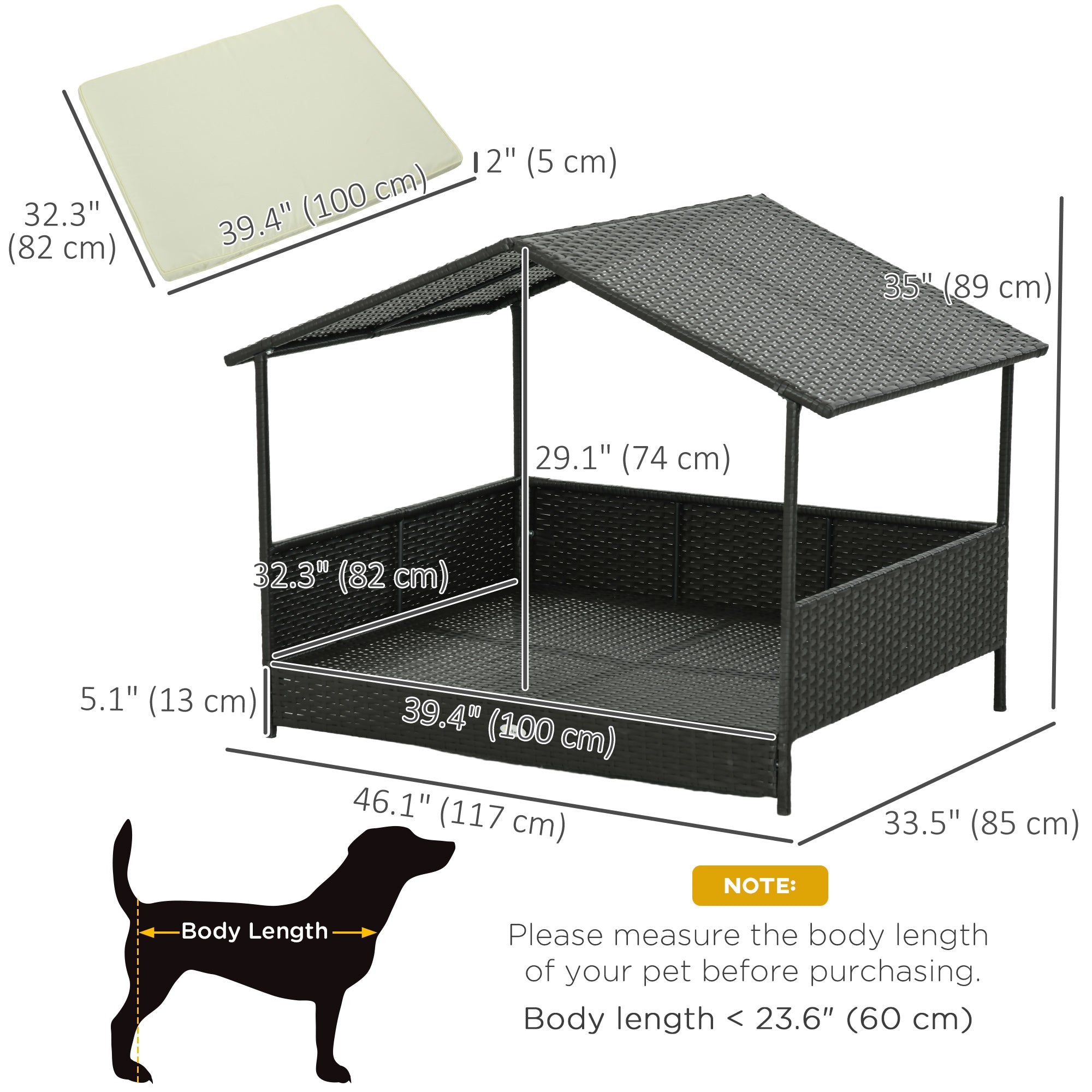 PawHut Rattan Dog House Outdoor with Shade Canopy, Elevated Wicker Dog Bed with Soft Cushion Washable Cover, for Medium Large Dogs, Cream White