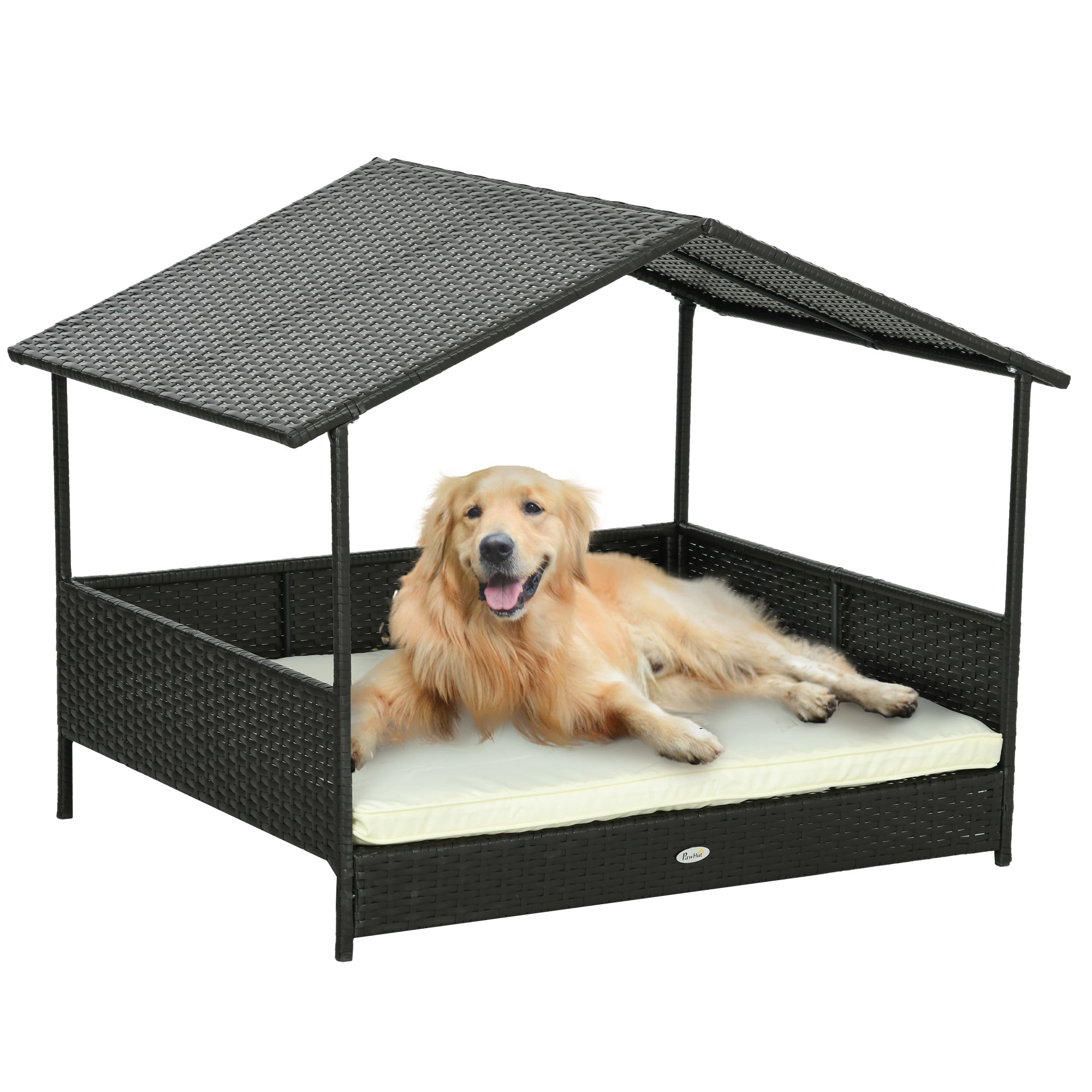 PawHut Rattan Dog House Outdoor with Shade Canopy, Elevated Wicker Dog Bed with Soft Cushion Washable Cover, for Medium Large Dogs, Cream White