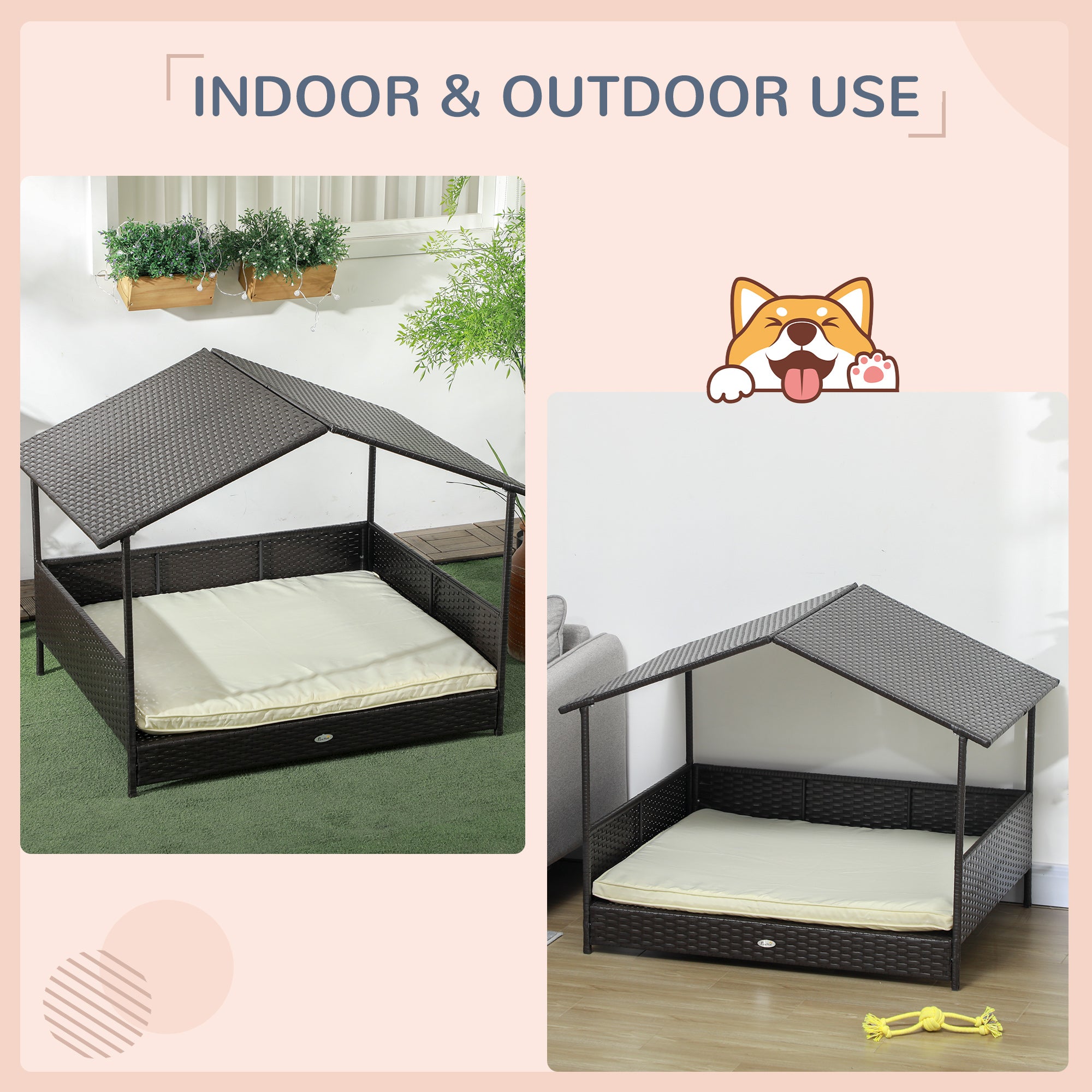 PawHut Rattan Dog House Outdoor with Shade Canopy, Elevated Wicker Dog Bed with Soft Cushion Washable Cover, for Medium Large Dogs, Cream White