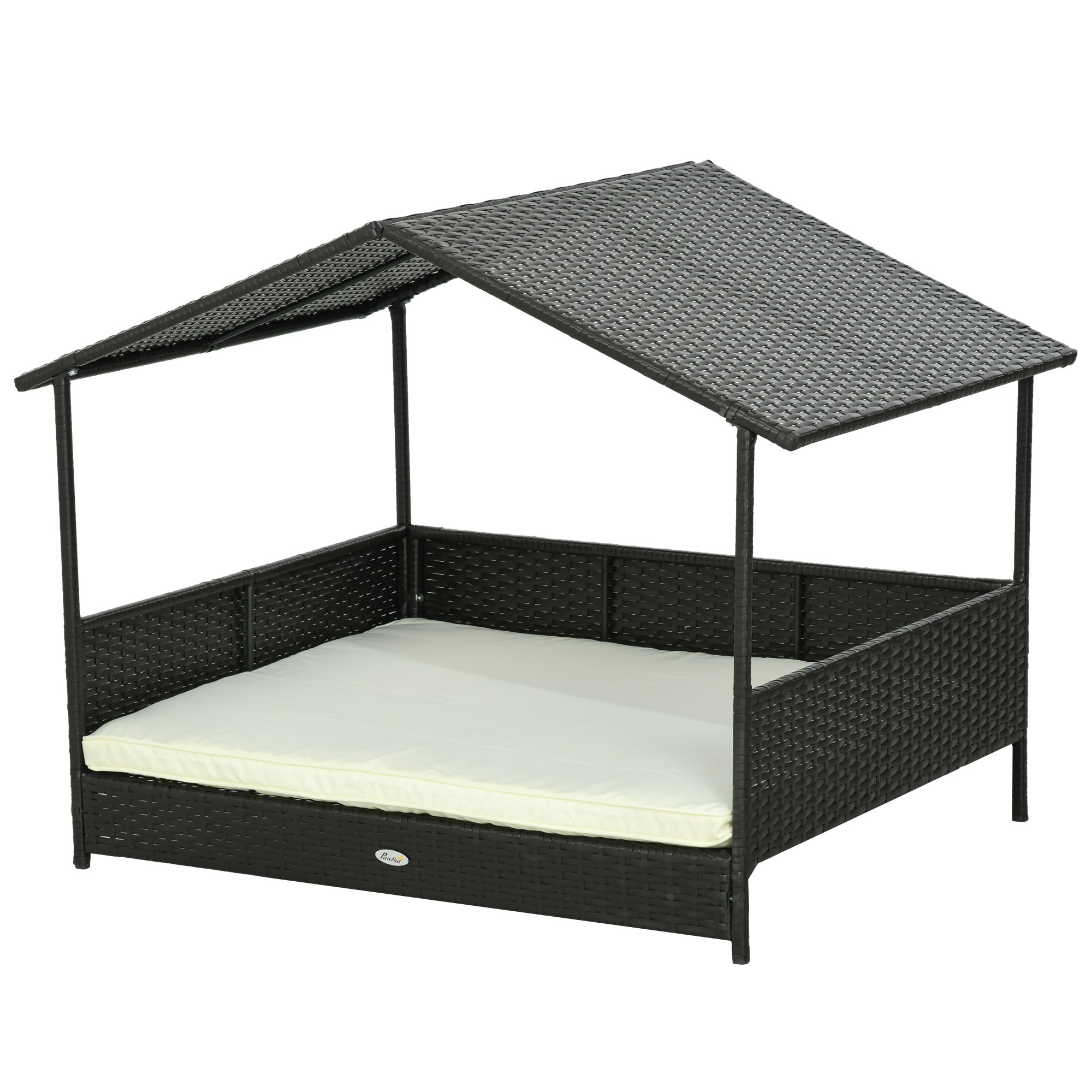 PawHut Rattan Dog House Outdoor with Shade Canopy, Elevated Wicker Dog Bed with Soft Cushion Washable Cover, for Medium Large Dogs, Cream White