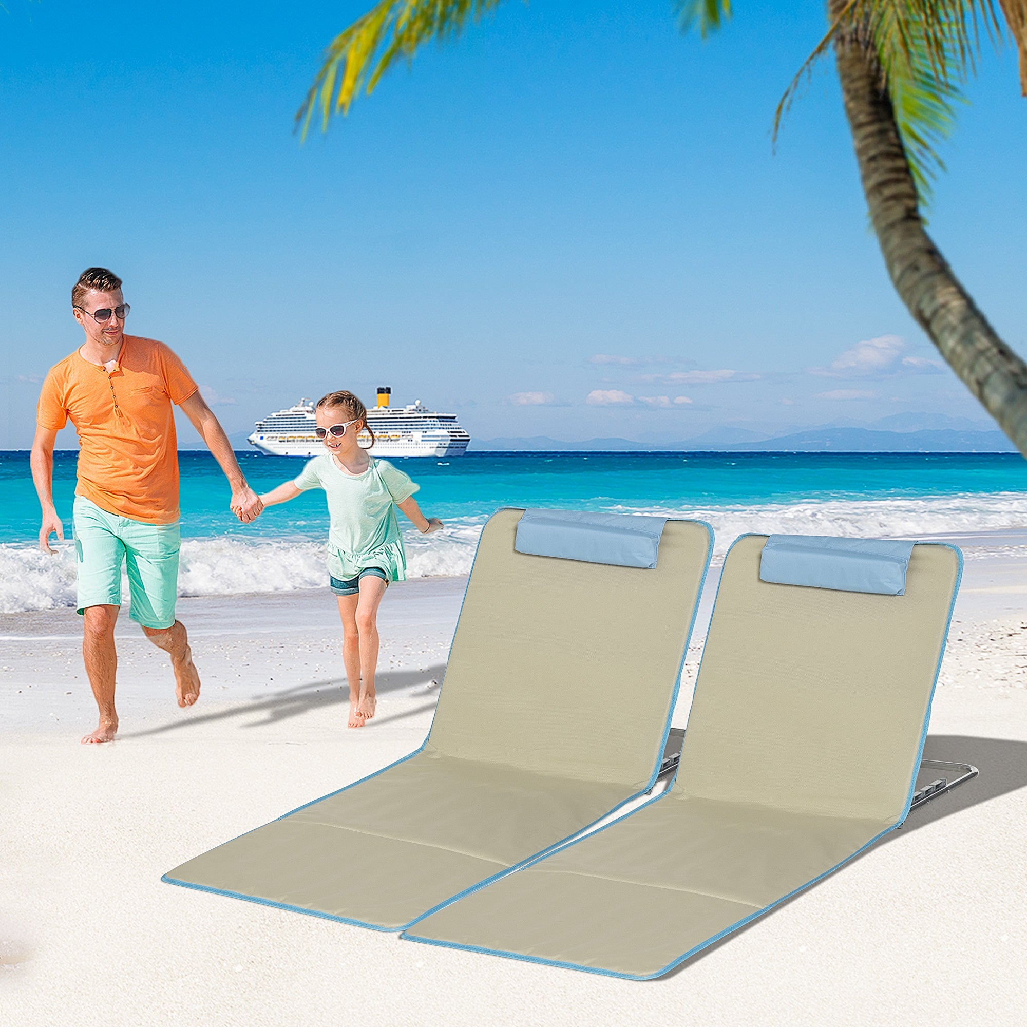 Outsunny Set of 2 Beach Lounge Chair Sun Lounger, Folding Ground Beach Mat w/ Adjustable Back, Steel Frame, Head Pillow and Carry Bag for Backyard Lakeside, Beige