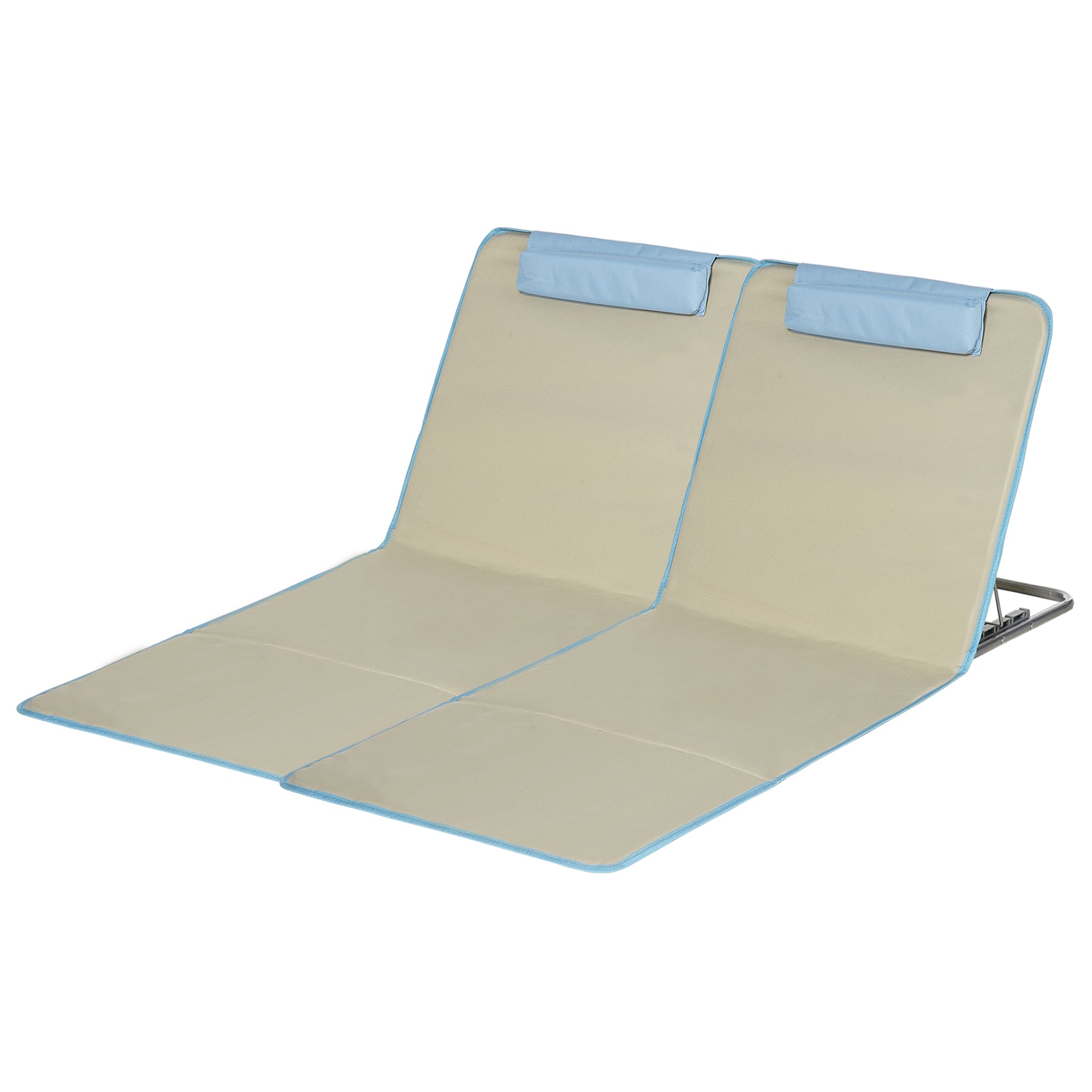 Outsunny Set of 2 Beach Lounge Chair Sun Lounger, Folding Ground Beach Mat w/ Adjustable Back, Steel Frame, Head Pillow and Carry Bag for Backyard Lakeside, Beige