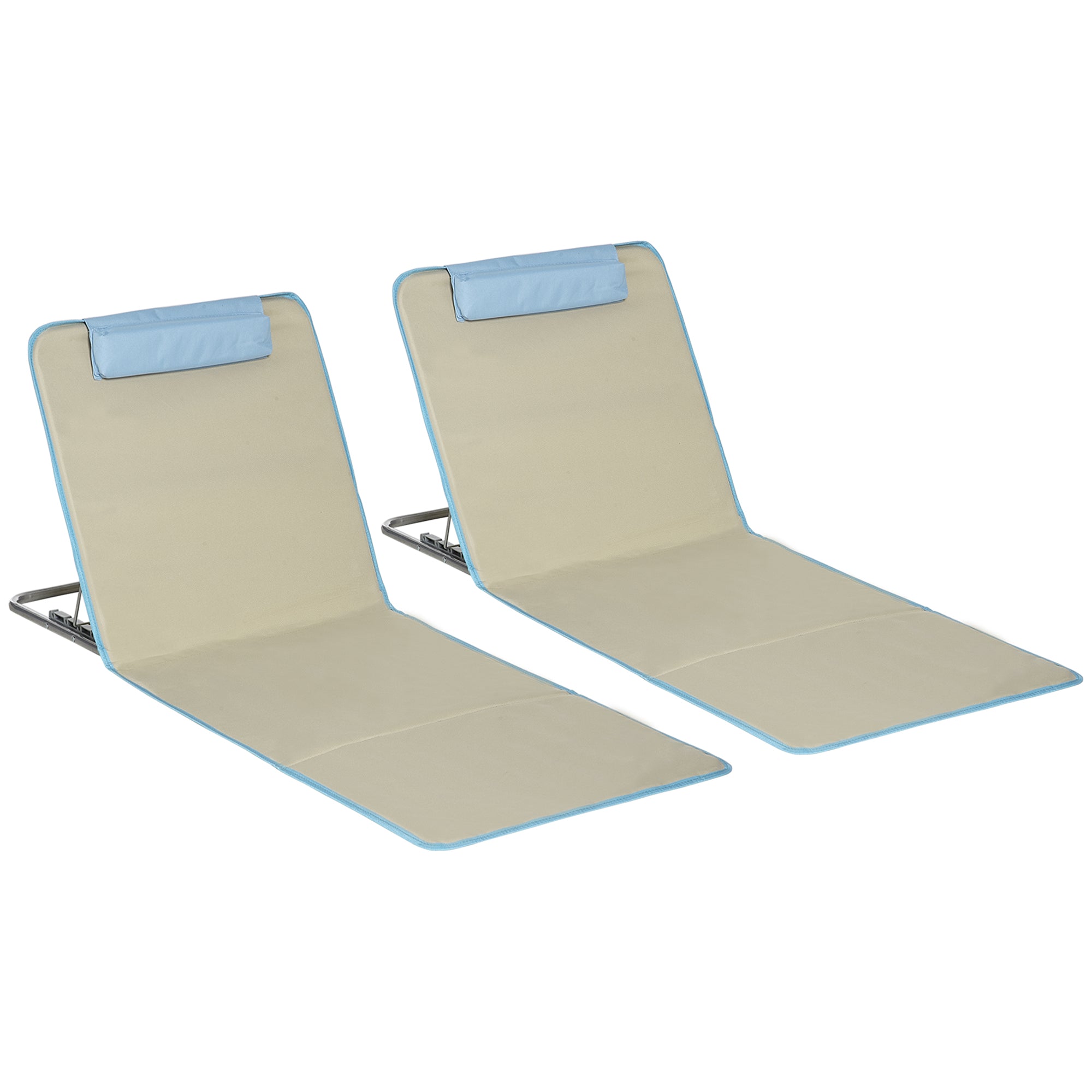 Outsunny Set of 2 Beach Lounge Chair Sun Lounger, Folding Ground Beach Mat w/ Adjustable Back, Steel Frame, Head Pillow and Carry Bag for Backyard Lakeside, Beige
