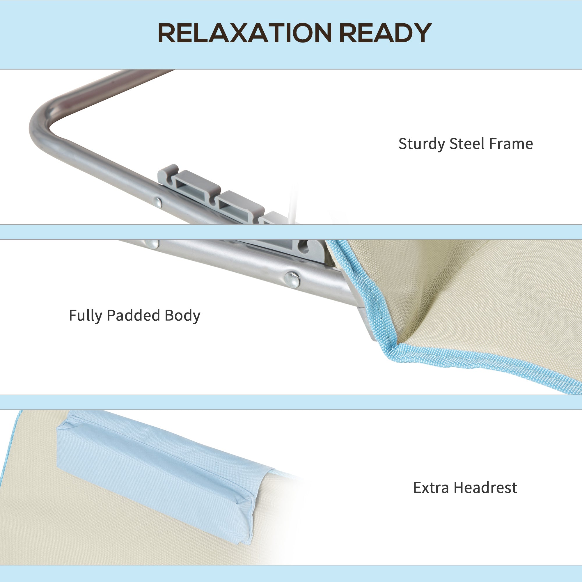 Outsunny Set of 2 Beach Lounge Chair Sun Lounger, Folding Ground Beach Mat w/ Adjustable Back, Steel Frame, Head Pillow and Carry Bag for Backyard Lakeside, Beige