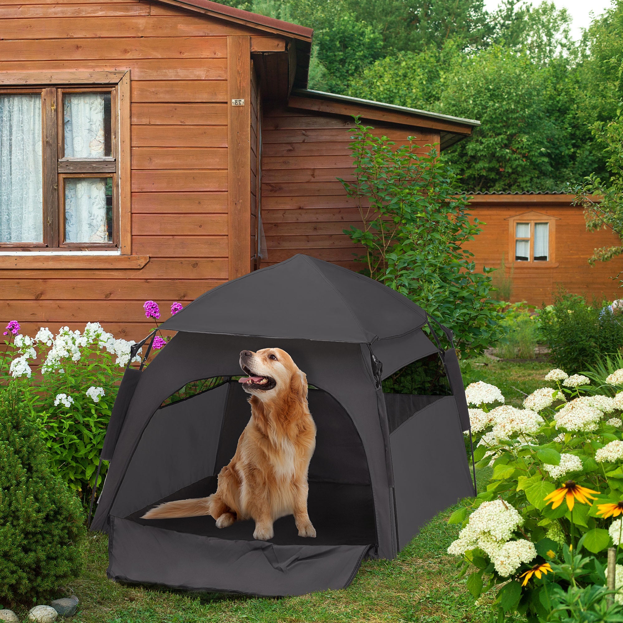 PawHut Foldable Dog Tent, Portable Pet Cat Tent with Water-Resistant Oxford Cloth, Carry Bag, Pet Playpen Exercise Tent for Extra Large Dog, Cat, Indoor Outdoor Use, Charcoal Grey