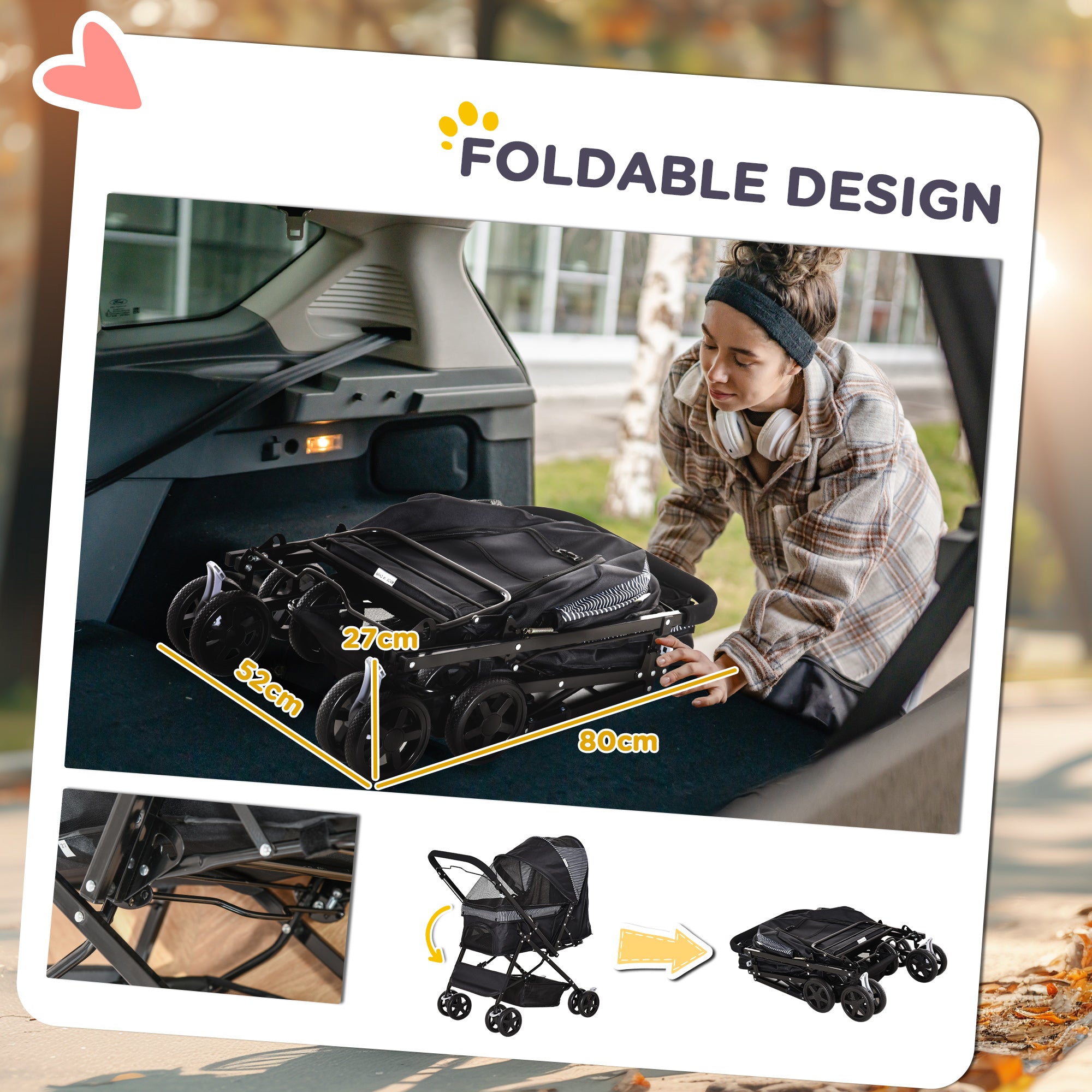 PawHut Dog Stroller, Pet Stroller, Foldable Dog Cat Travel Pushchair with Reversible Handle, EVA Wheels, Brake, Basket, Adjustable Canopy, Safety Leash, for Small Dogs, Black