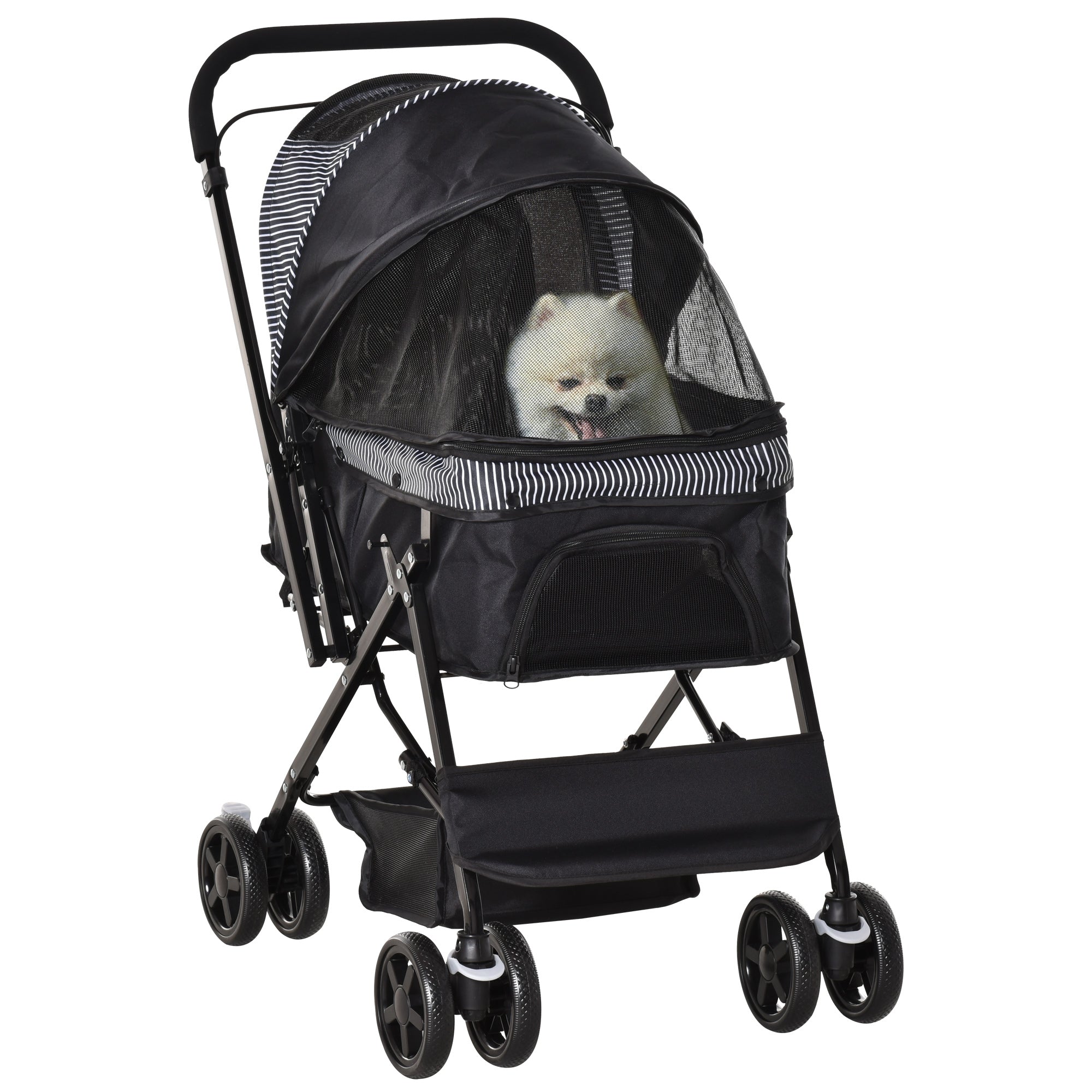 PawHut Dog Stroller, Pet Stroller, Foldable Dog Cat Travel Pushchair with Reversible Handle, EVA Wheels, Brake, Basket, Adjustable Canopy, Safety Leash, for Small Dogs, Black
