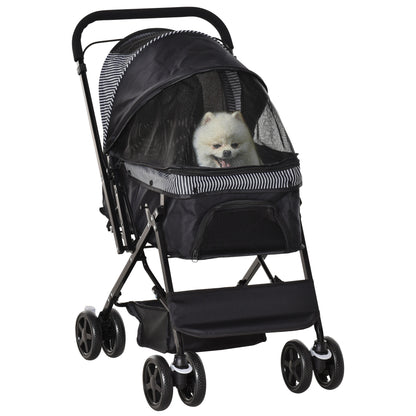 PawHut Dog Stroller, Pet Stroller, Foldable Dog Cat Travel Pushchair with Reversible Handle, EVA Wheels, Brake, Basket, Adjustable Canopy, Safety Leash, for Small Dogs, Black
