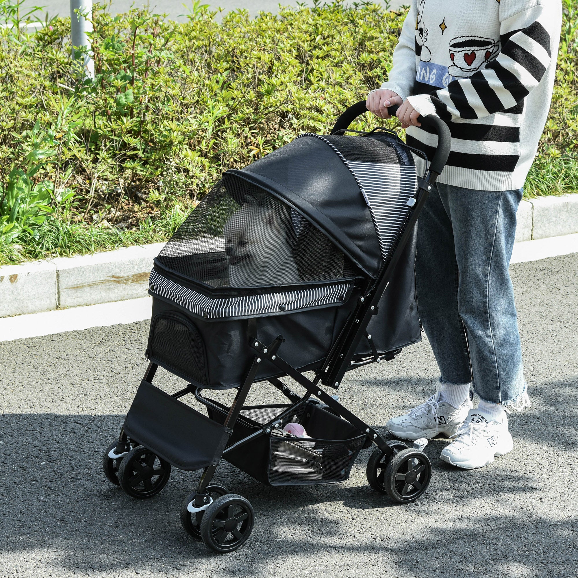 PawHut Dog Stroller, Pet Stroller, Foldable Dog Cat Travel Pushchair with Reversible Handle, EVA Wheels, Brake, Basket, Adjustable Canopy, Safety Leash, for Small Dogs, Black
