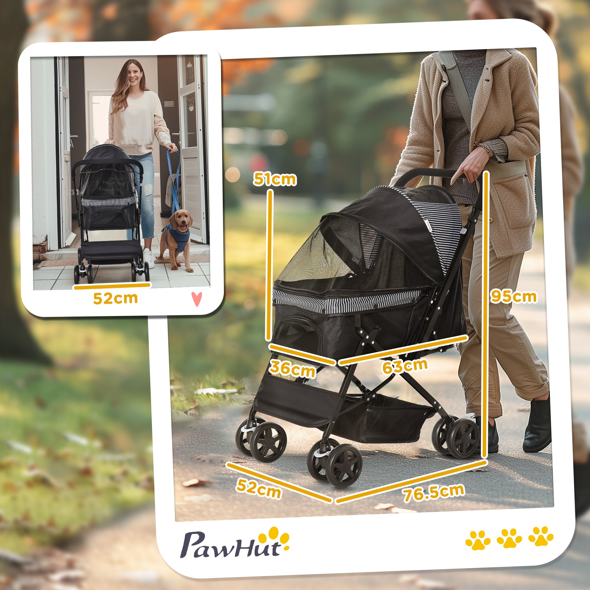 PawHut Dog Stroller, Pet Stroller, Foldable Dog Cat Travel Pushchair with Reversible Handle, EVA Wheels, Brake, Basket, Adjustable Canopy, Safety Leash, for Small Dogs, Black