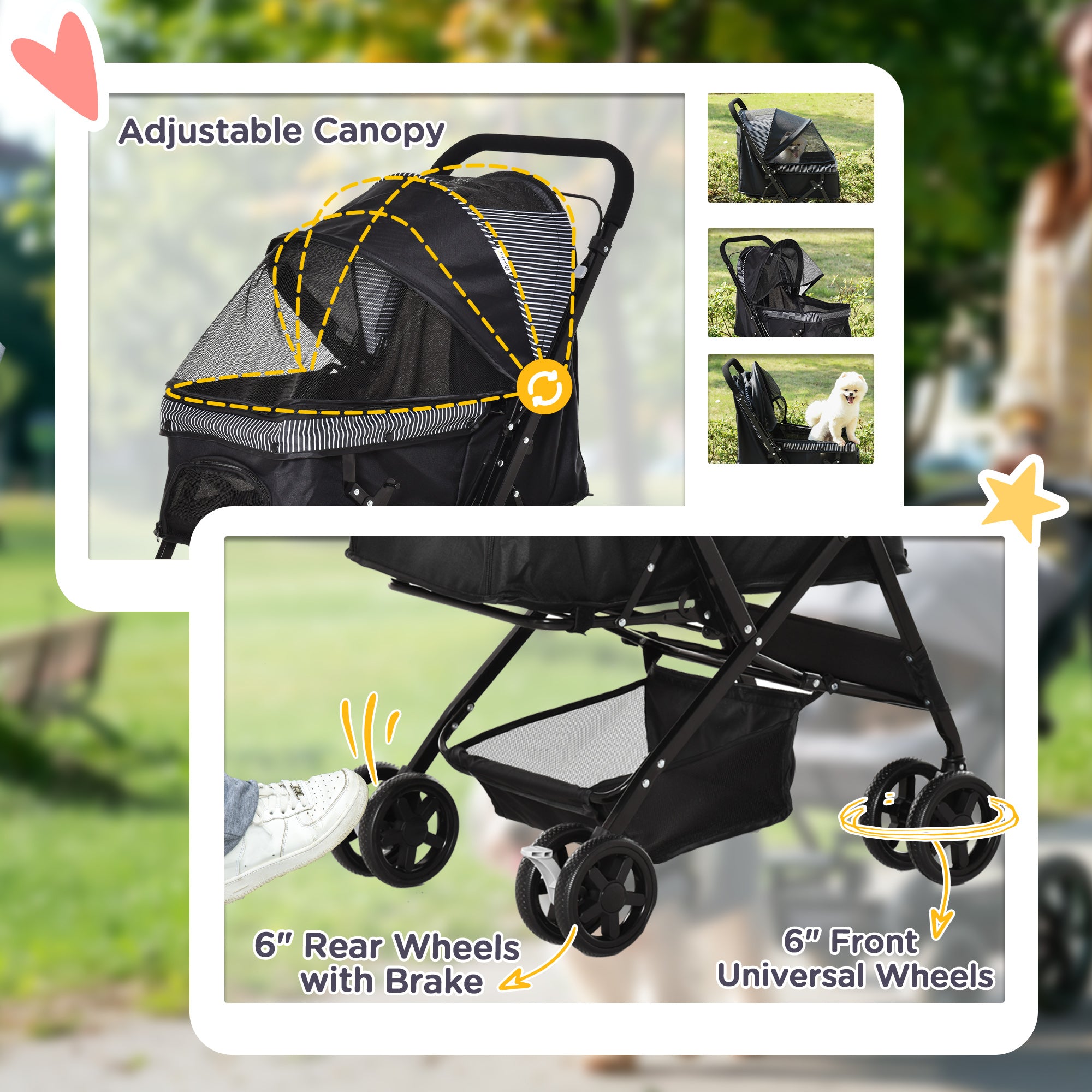 PawHut Dog Stroller, Pet Stroller, Foldable Dog Cat Travel Pushchair with Reversible Handle, EVA Wheels, Brake, Basket, Adjustable Canopy, Safety Leash, for Small Dogs, Black