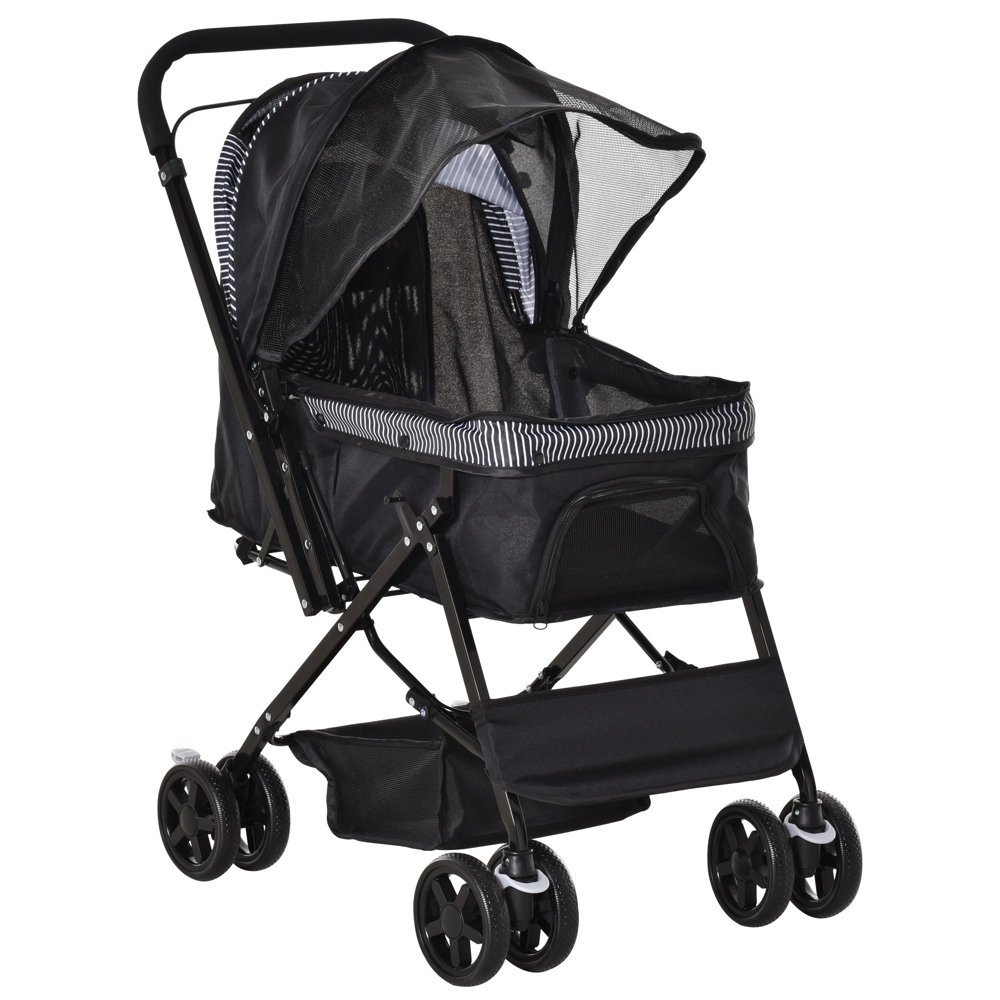 PawHut Dog Stroller, Pet Stroller, Foldable Dog Cat Travel Pushchair with Reversible Handle, EVA Wheels, Brake, Basket, Adjustable Canopy, Safety Leash, for Small Dogs, Black