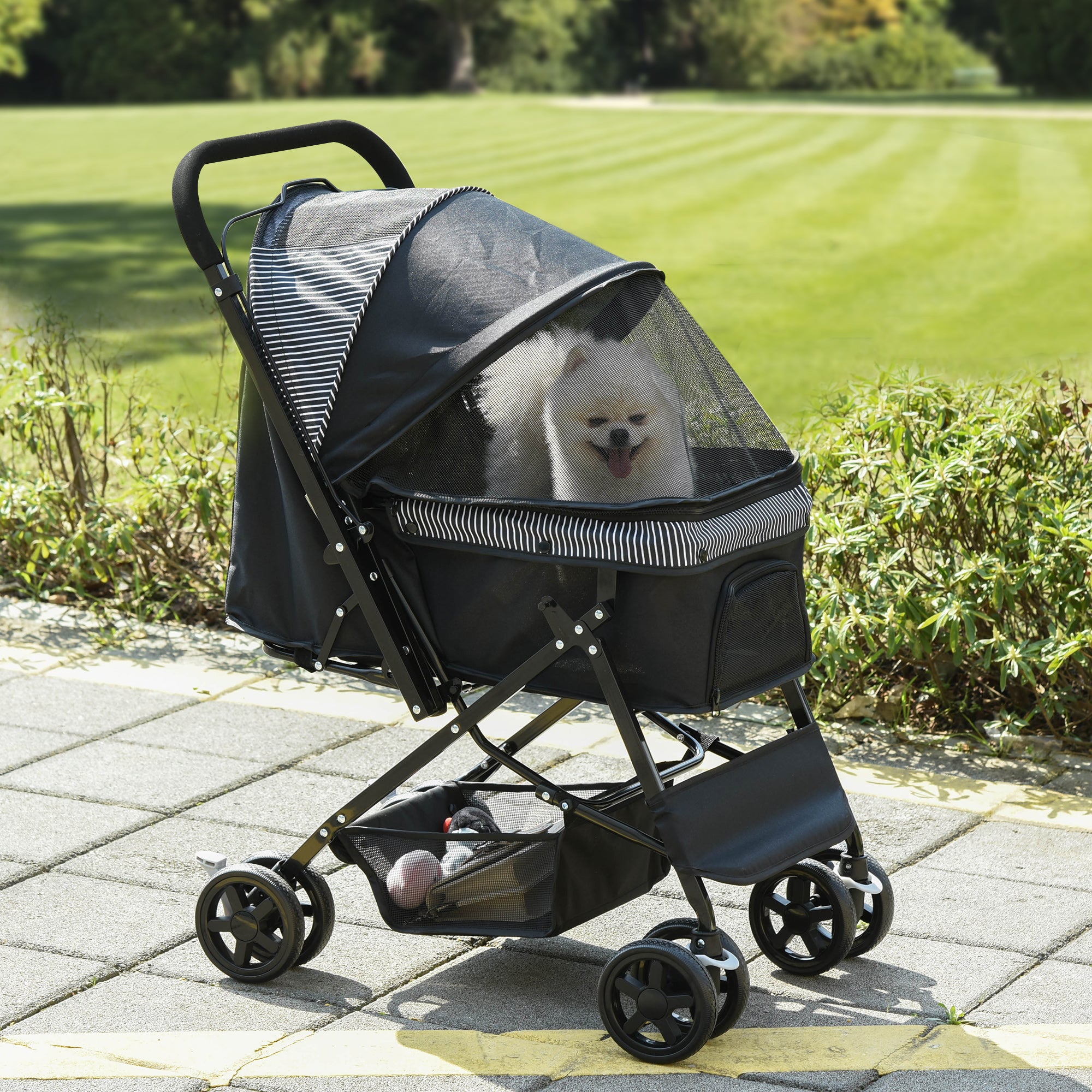 PawHut Dog Stroller, Pet Stroller, Foldable Dog Cat Travel Pushchair with Reversible Handle, EVA Wheels, Brake, Basket, Adjustable Canopy, Safety Leash, for Small Dogs, Black