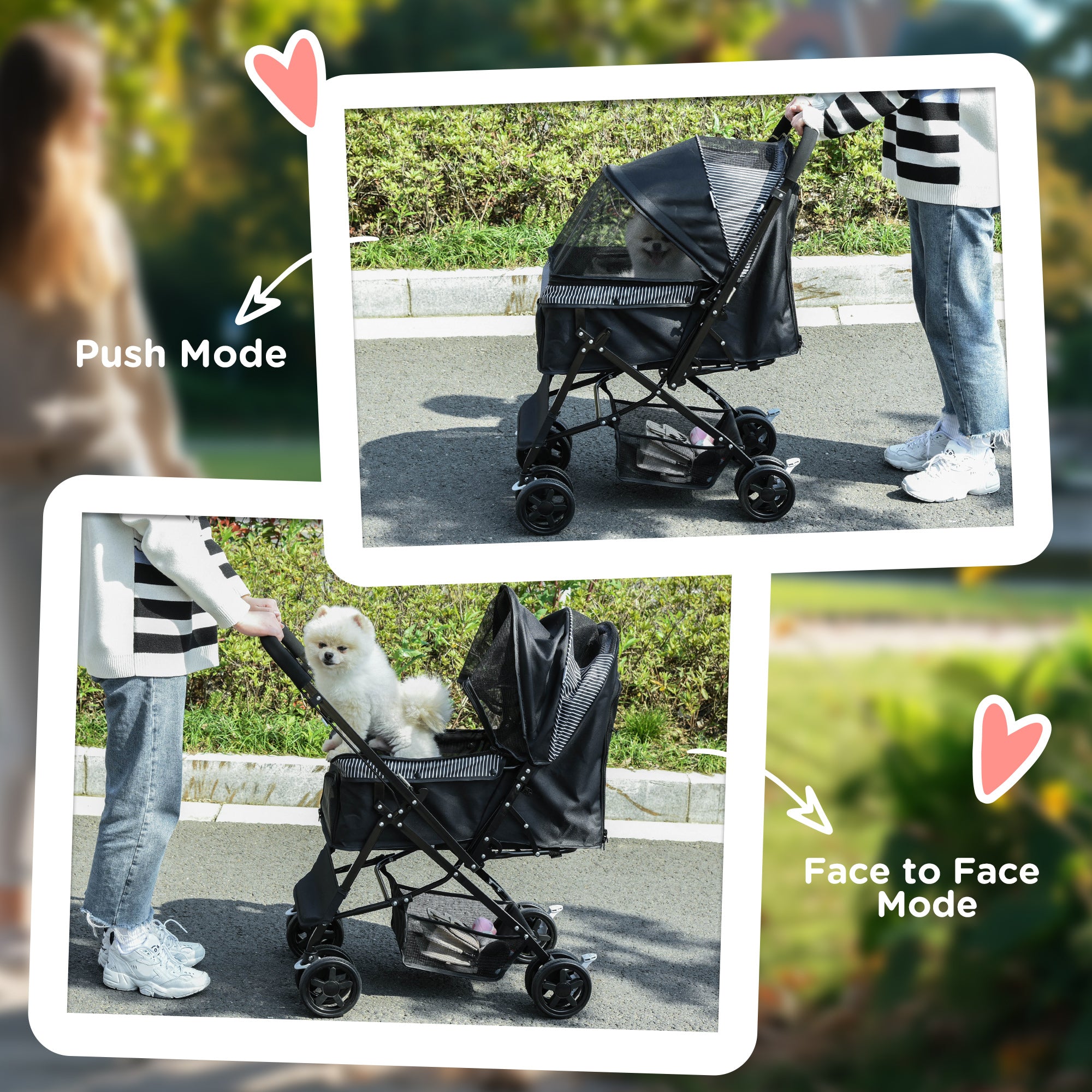 PawHut Dog Stroller, Pet Stroller, Foldable Dog Cat Travel Pushchair with Reversible Handle, EVA Wheels, Brake, Basket, Adjustable Canopy, Safety Leash, for Small Dogs, Black