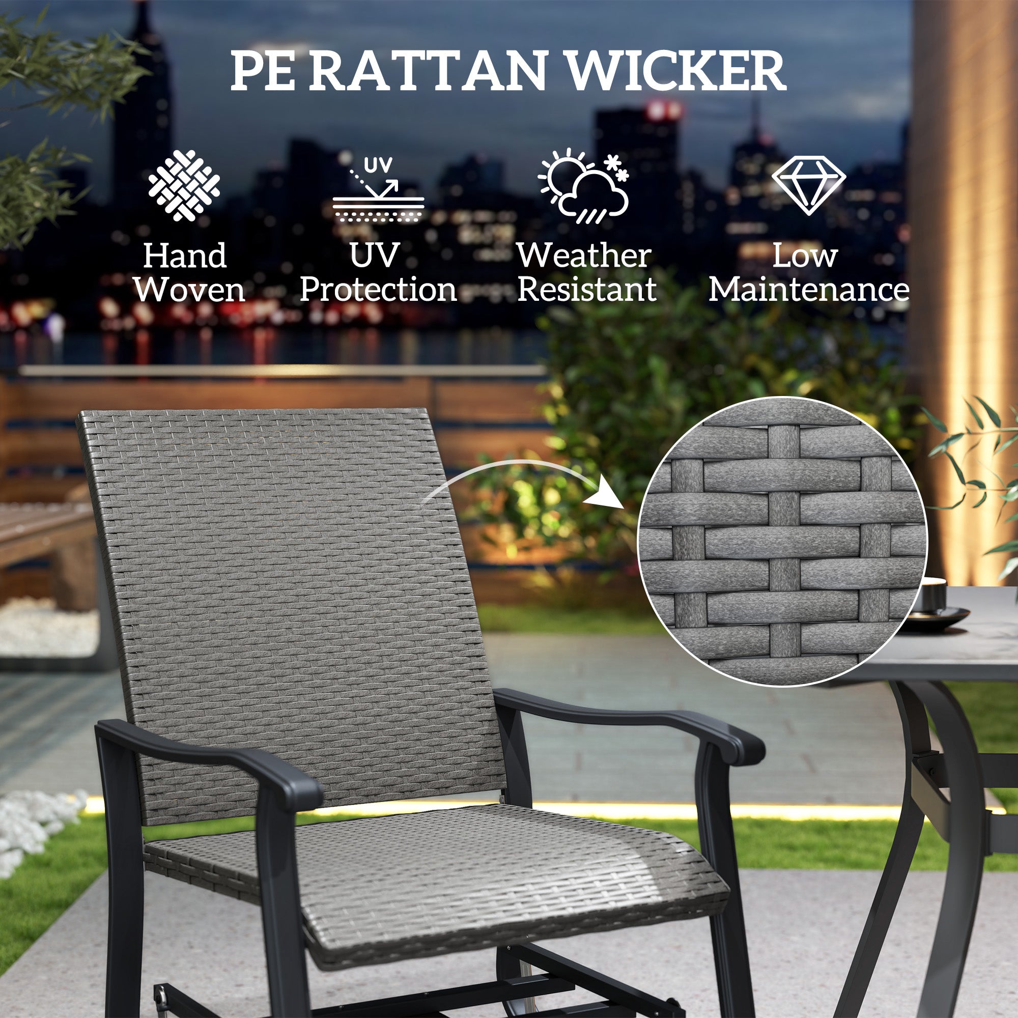 Outsunny Wicker Outdoor Glider Chair Set of 2, Rattan Patio Swivel Gliders with Steel Frame, High Back, Armrests and Adjustable Foot Pads for Porch Balcony Poolside, Grey