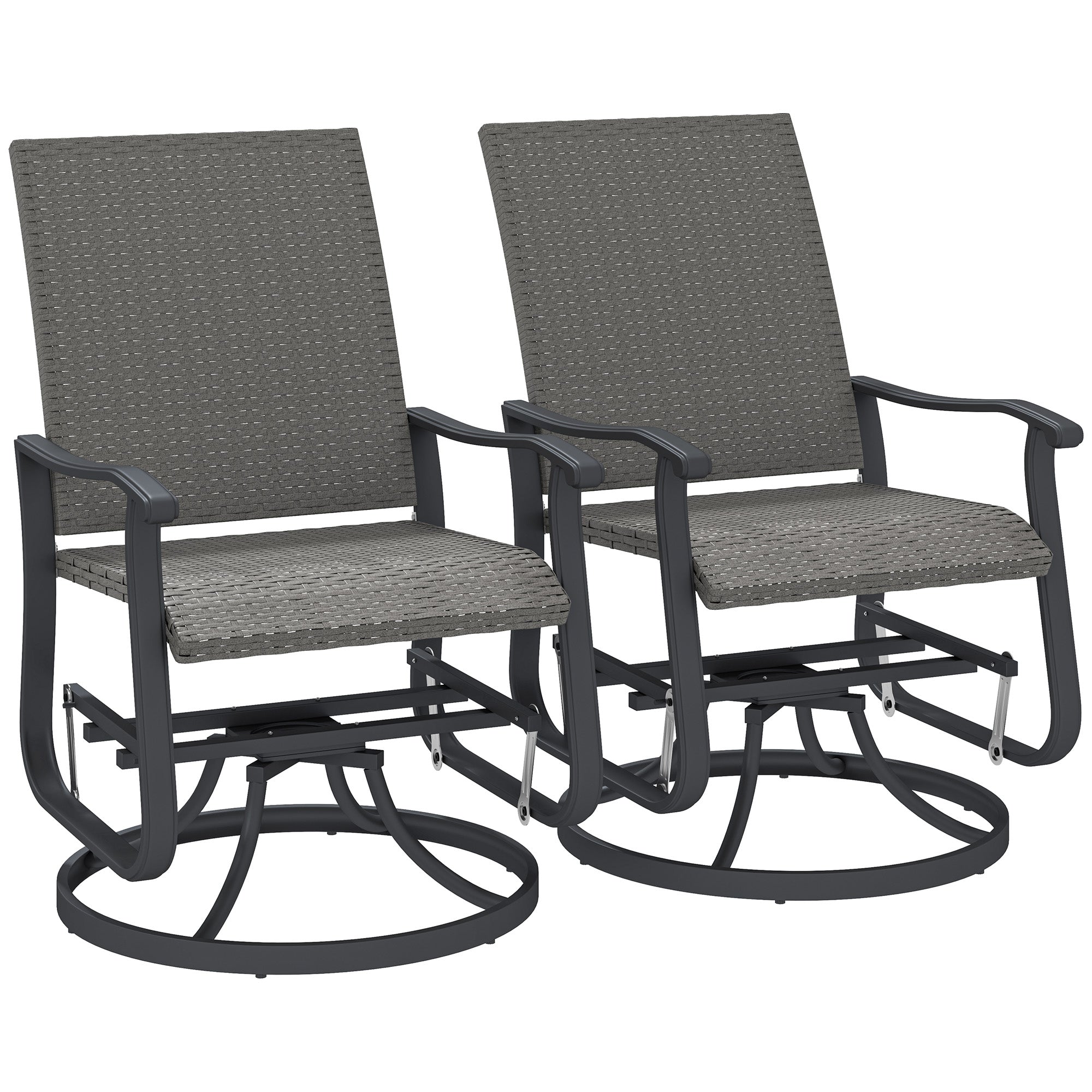 Outsunny Wicker Outdoor Glider Chair Set of 2, Rattan Patio Swivel Gliders with Steel Frame, High Back, Armrests and Adjustable Foot Pads for Porch Balcony Poolside, Grey
