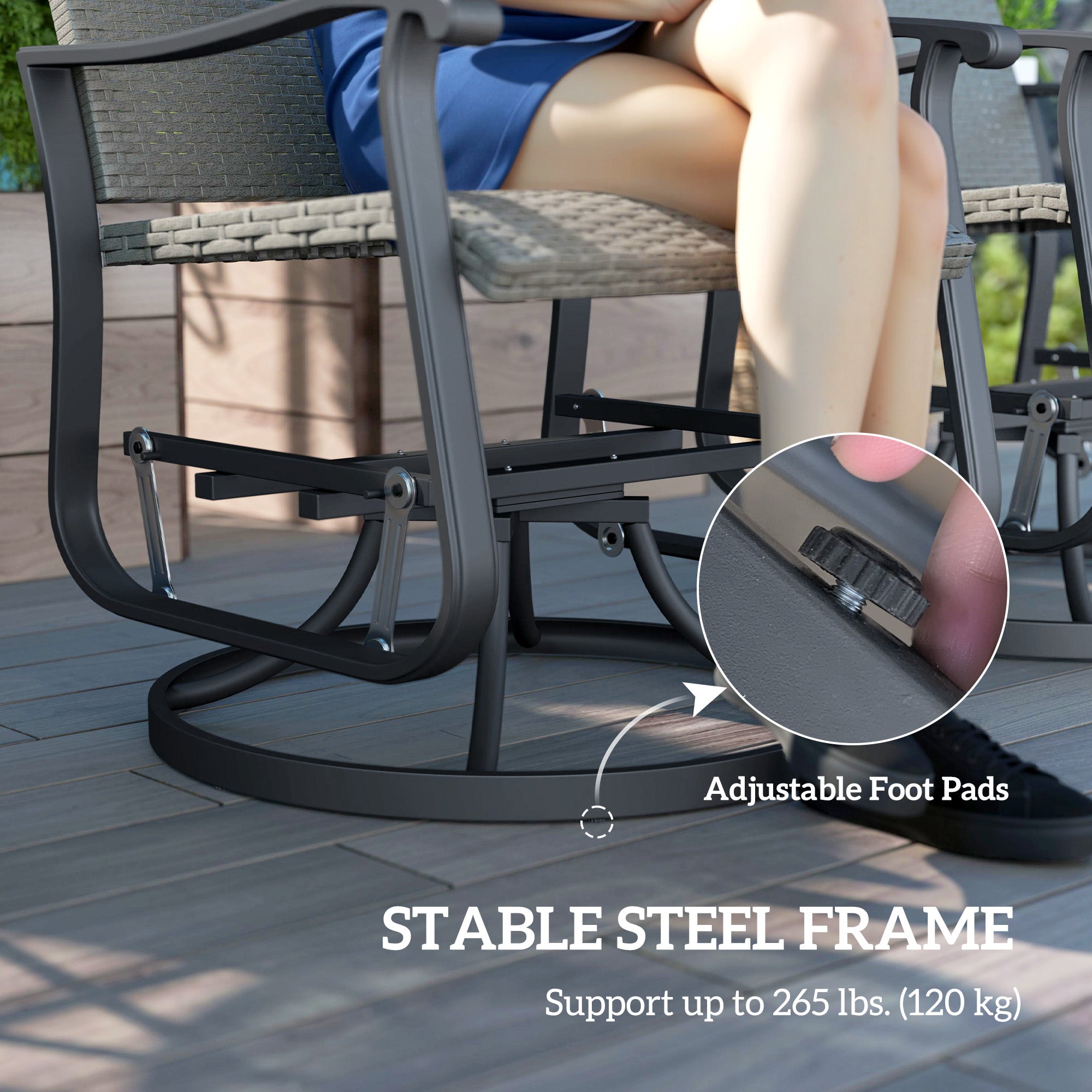 Outsunny Wicker Outdoor Glider Chair Set of 2, Rattan Patio Swivel Gliders with Steel Frame, High Back, Armrests and Adjustable Foot Pads for Porch Balcony Poolside, Grey