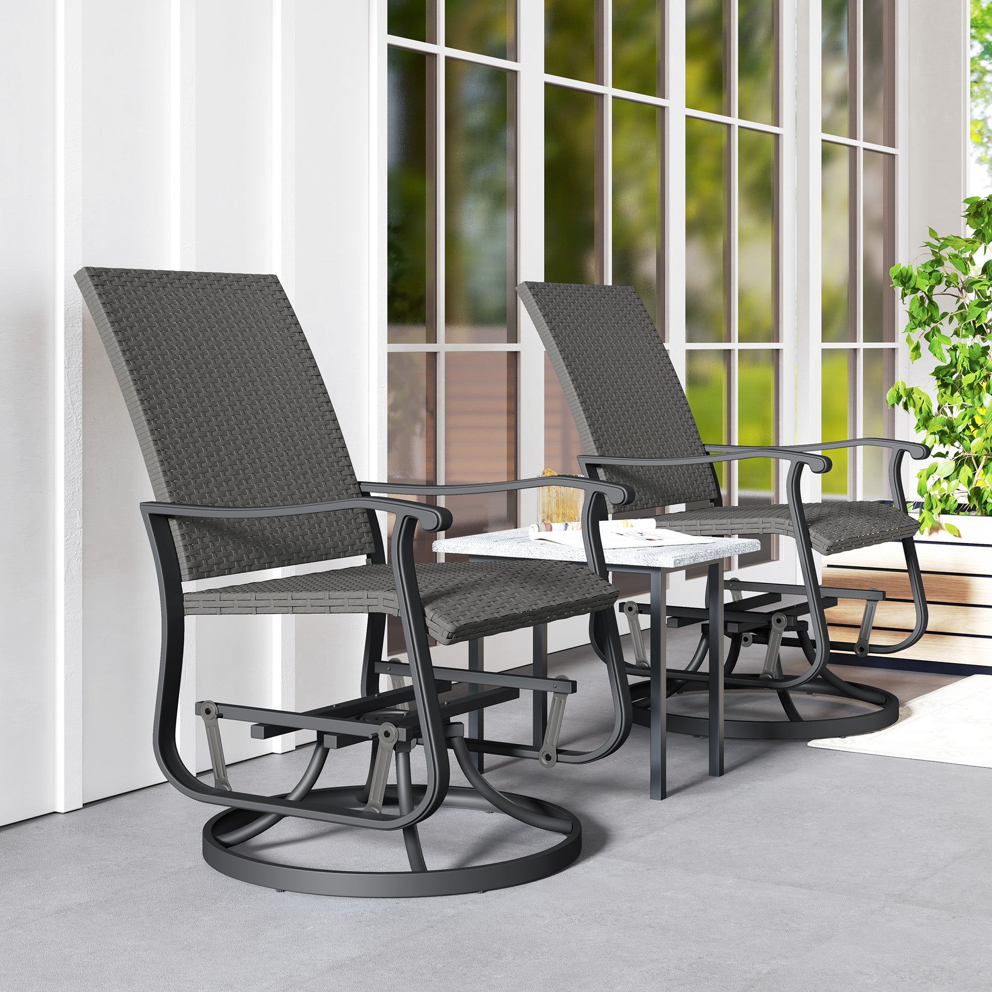 Outsunny Wicker Outdoor Glider Chair Set of 2, Rattan Patio Swivel Gliders with Steel Frame, High Back, Armrests and Adjustable Foot Pads for Porch Balcony Poolside, Grey