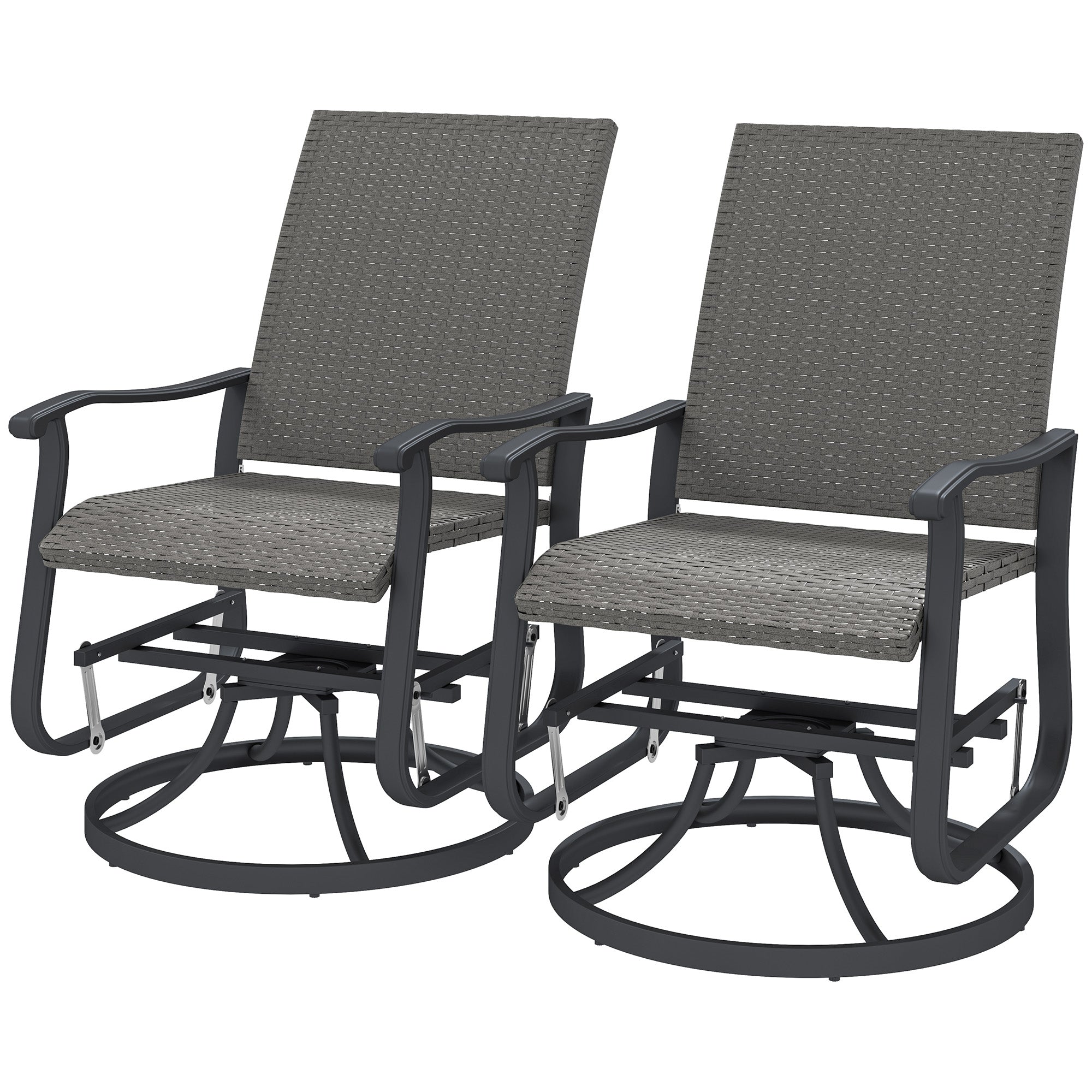 Outsunny Wicker Outdoor Glider Chair Set of 2, Rattan Patio Swivel Gliders with Steel Frame, High Back, Armrests and Adjustable Foot Pads for Porch Balcony Poolside, Grey
