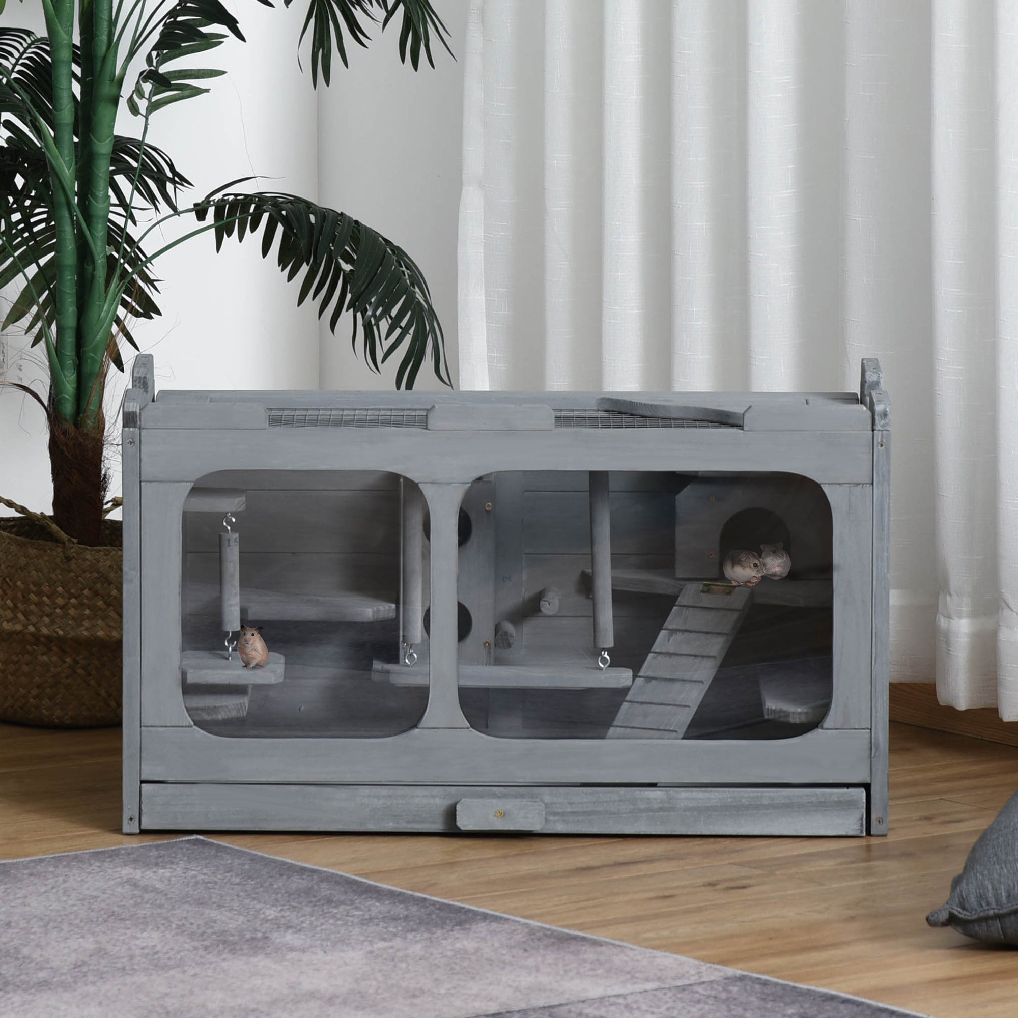 PawHut Wooden Extra Large Hamster Cage with Swings, Small Animal Cage and Habitat with Jumping Platforms, Hamster Habitat, Rats, Mice, Pull-Out Tray