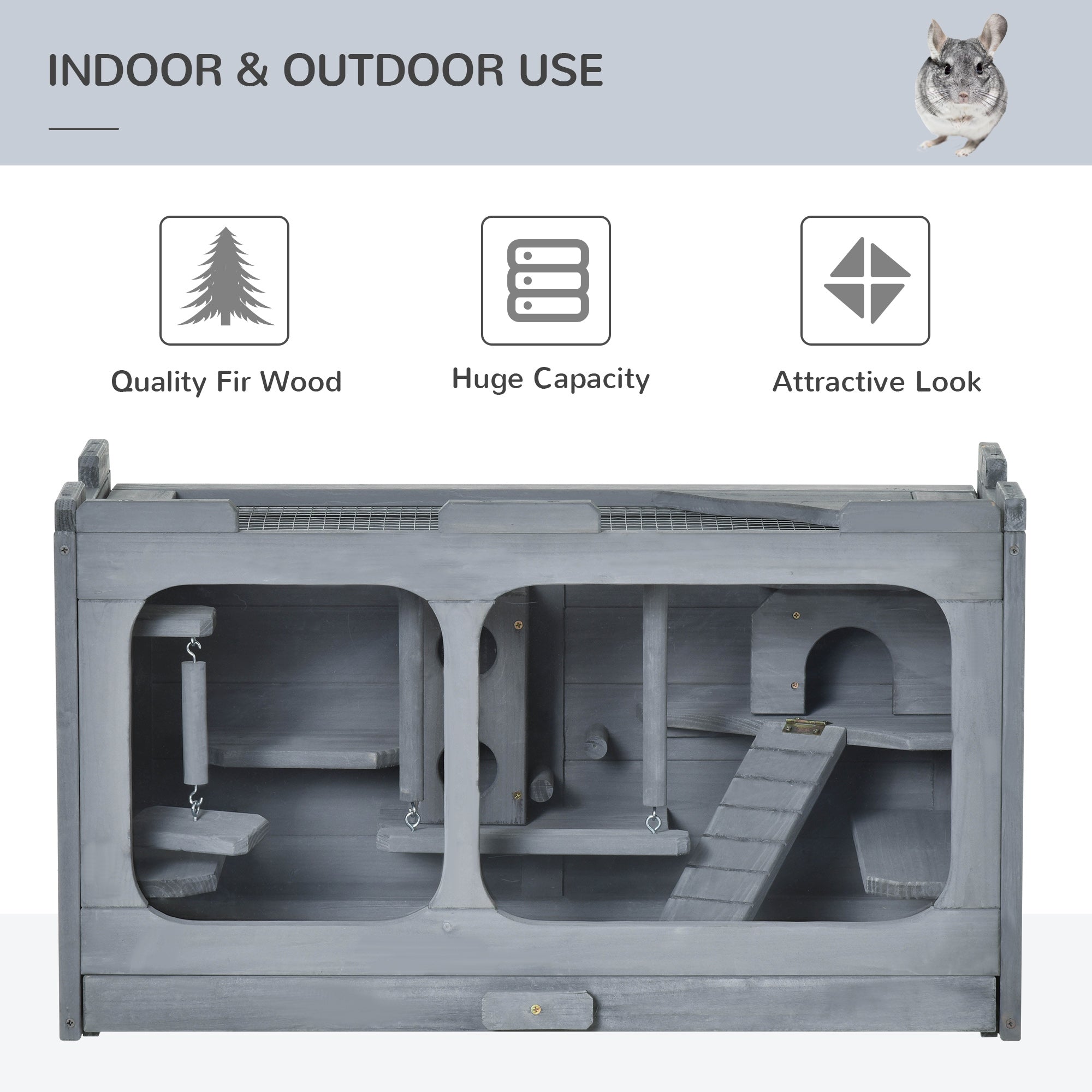 PawHut Wooden Extra Large Hamster Cage with Swings, Small Animal Cage and Habitat with Jumping Platforms, Hamster Habitat, Rats, Mice, Pull-Out Tray