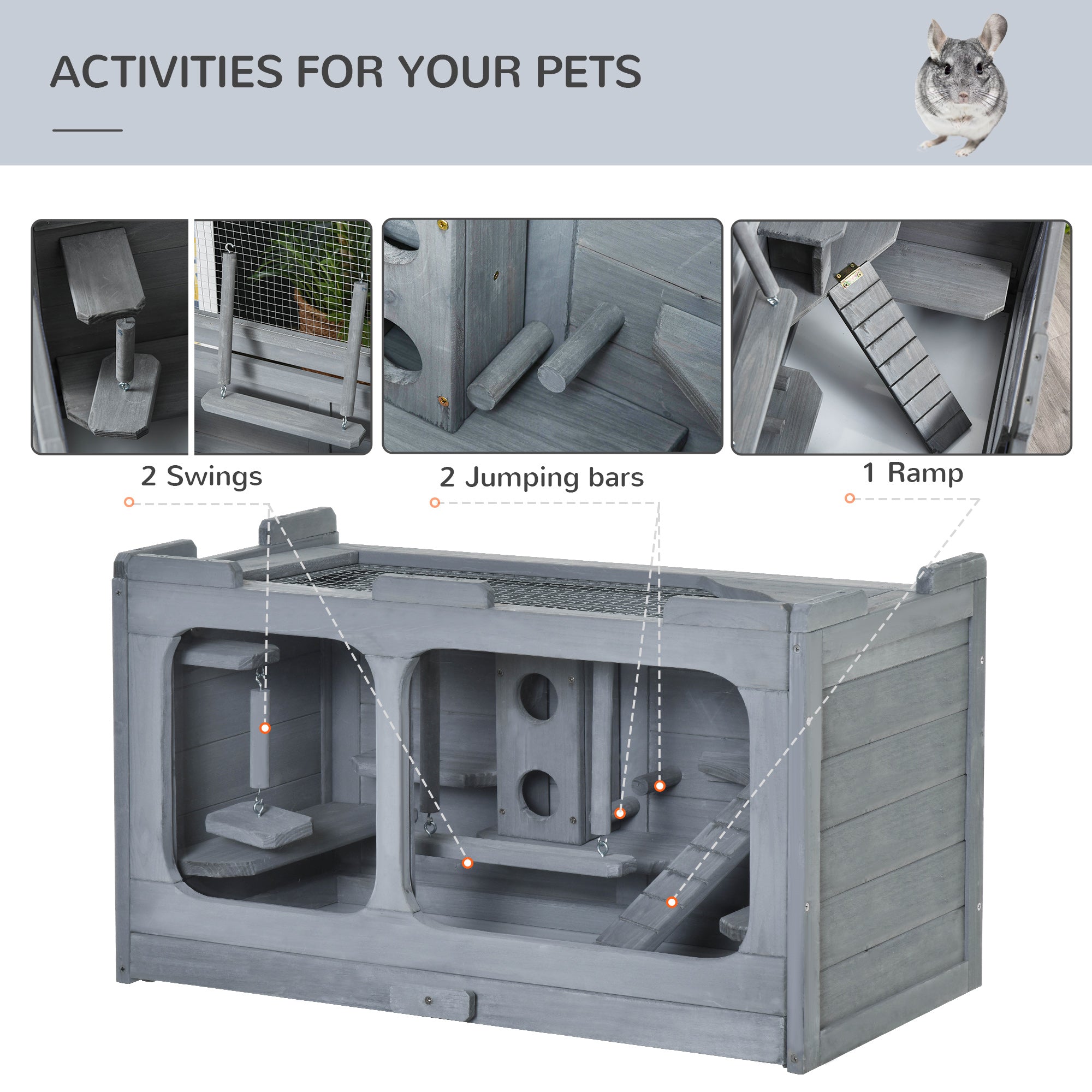 PawHut Wooden Extra Large Hamster Cage with Swings, Small Animal Cage and Habitat with Jumping Platforms, Hamster Habitat, Rats, Mice, Pull-Out Tray