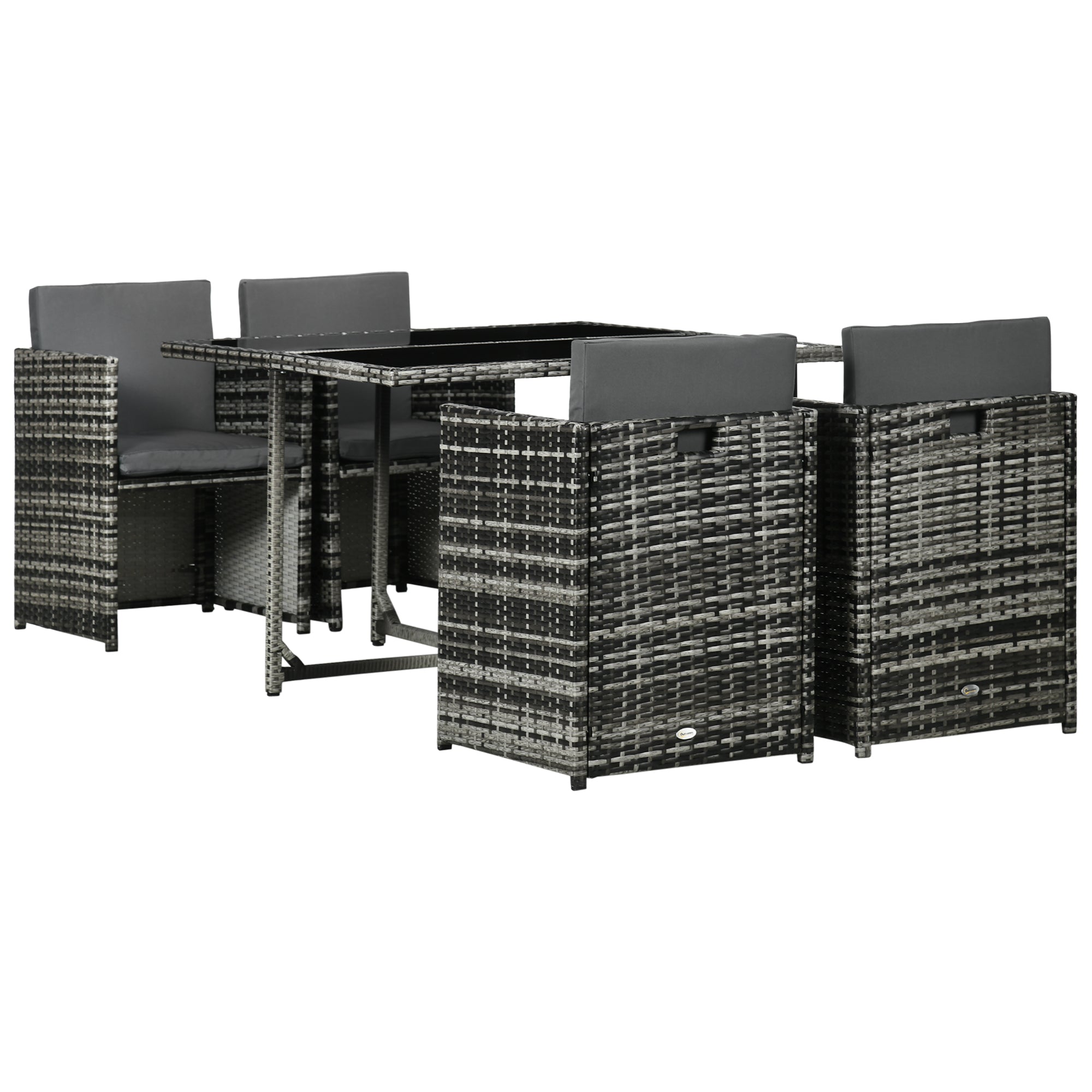 Outsunny 5 Pieces Wicker Patio Dining Set Outdoor Furniture Set with Removable Cushions, Glass Top Dining Table, PE Rattan Conversation Set for Garden Poolside Backyard, Grey