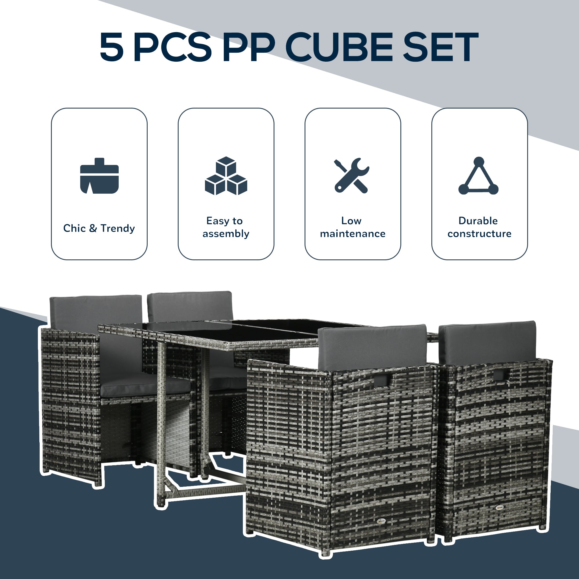 Outsunny 5 Pieces Wicker Patio Dining Set Outdoor Furniture Set with Removable Cushions, Glass Top Dining Table, PE Rattan Conversation Set for Garden Poolside Backyard, Grey