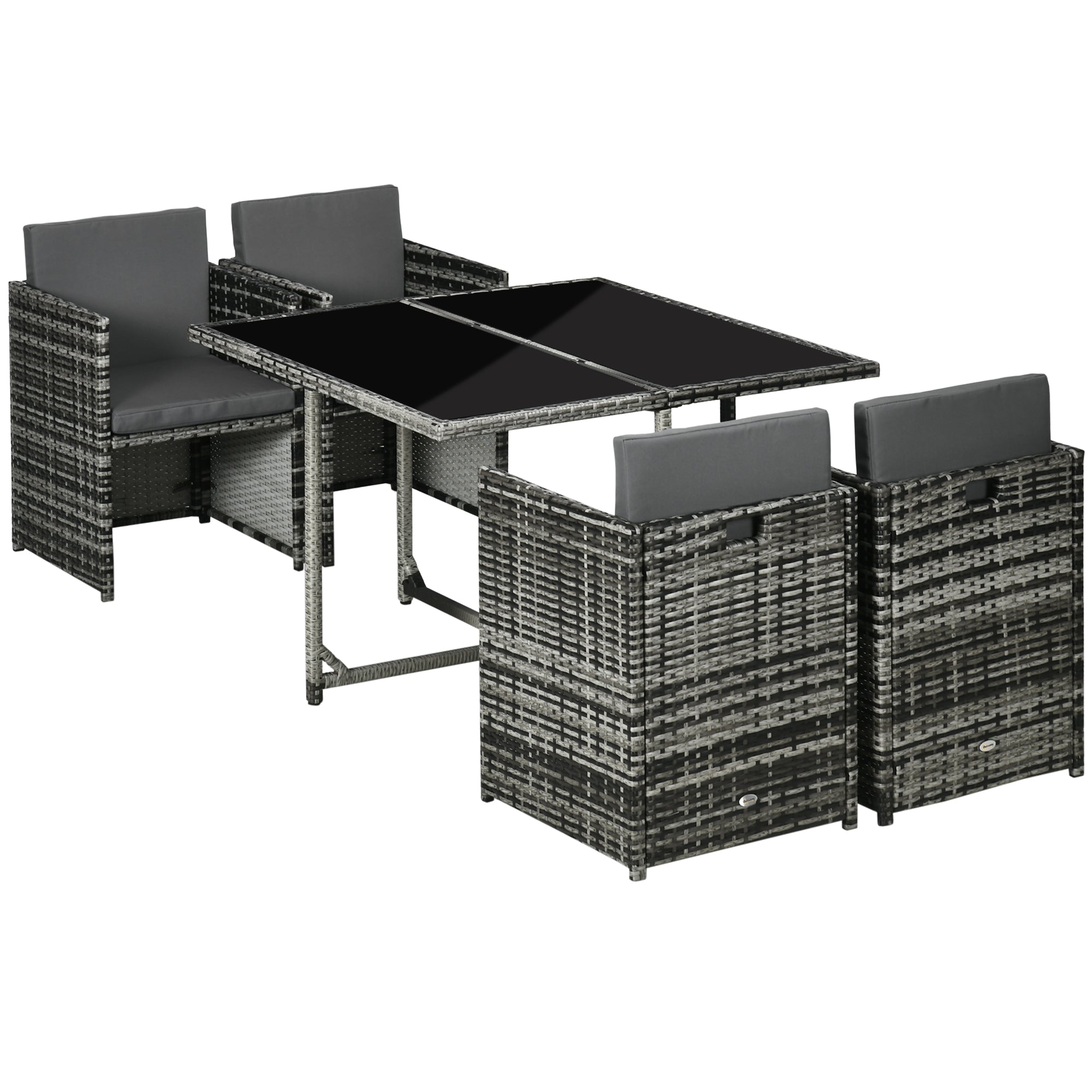 Outsunny 5 Pieces Wicker Patio Dining Set Outdoor Furniture Set with Removable Cushions, Glass Top Dining Table, PE Rattan Conversation Set for Garden Poolside Backyard, Grey