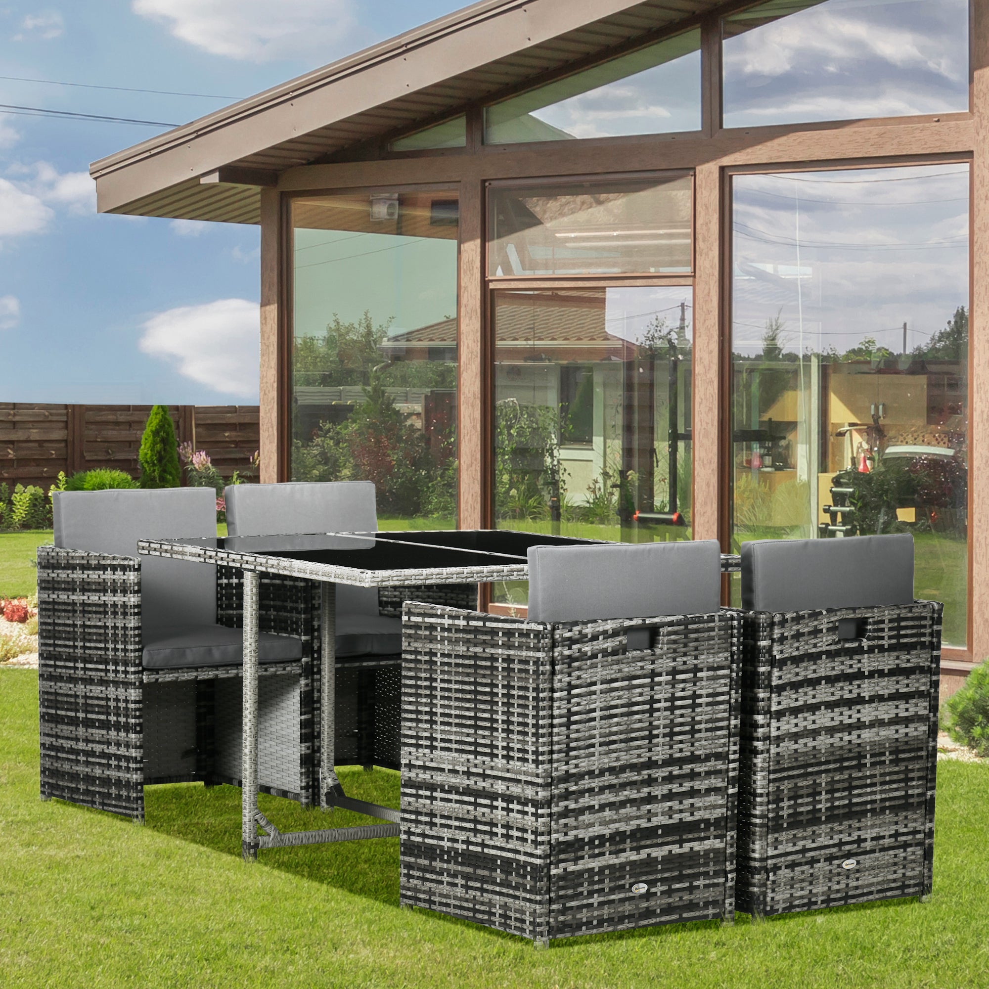 Outsunny 5 Pieces Wicker Patio Dining Set Outdoor Furniture Set with Removable Cushions, Glass Top Dining Table, PE Rattan Conversation Set for Garden Poolside Backyard, Grey