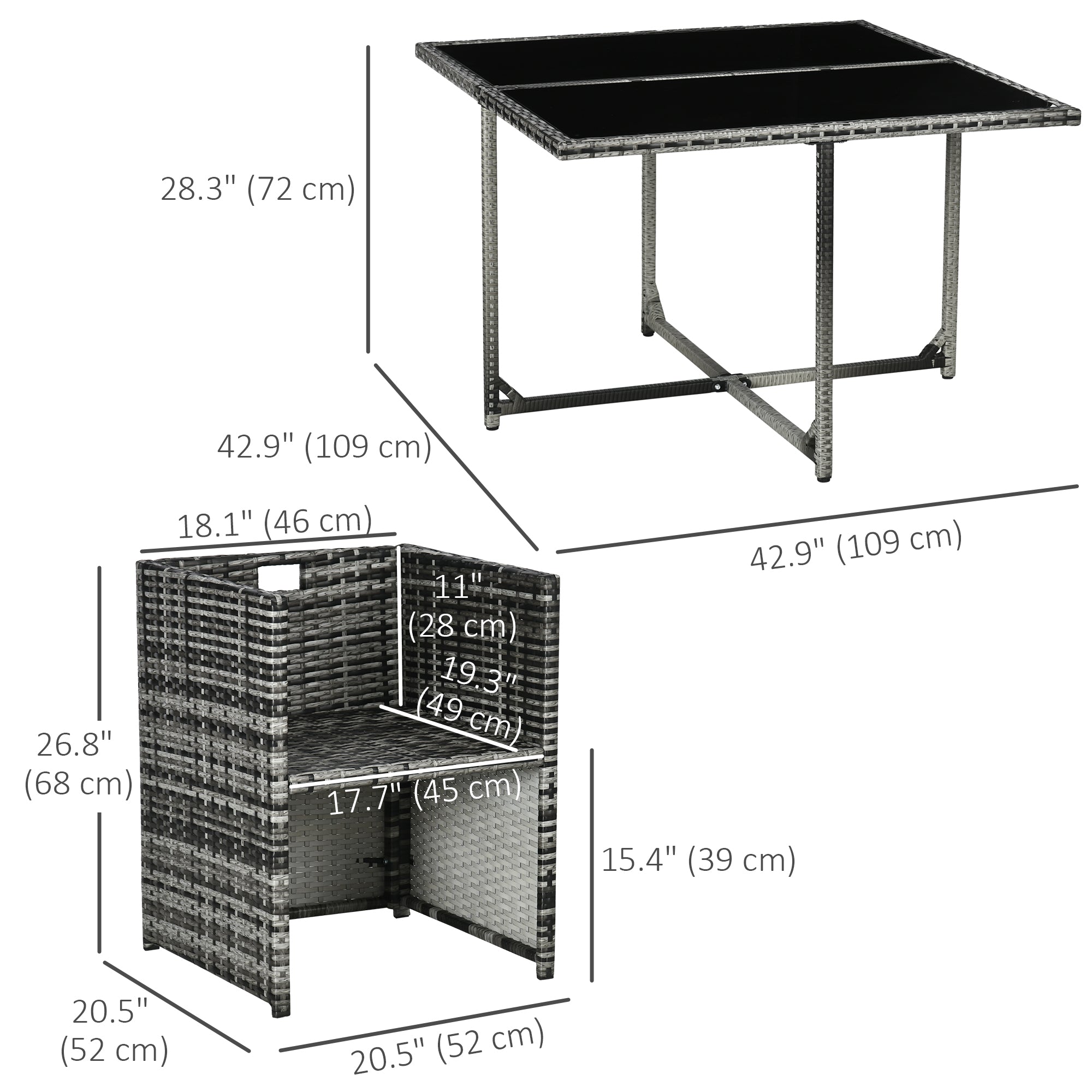 Outsunny 5 Pieces Wicker Patio Dining Set Outdoor Furniture Set with Removable Cushions, Glass Top Dining Table, PE Rattan Conversation Set for Garden Poolside Backyard, Grey