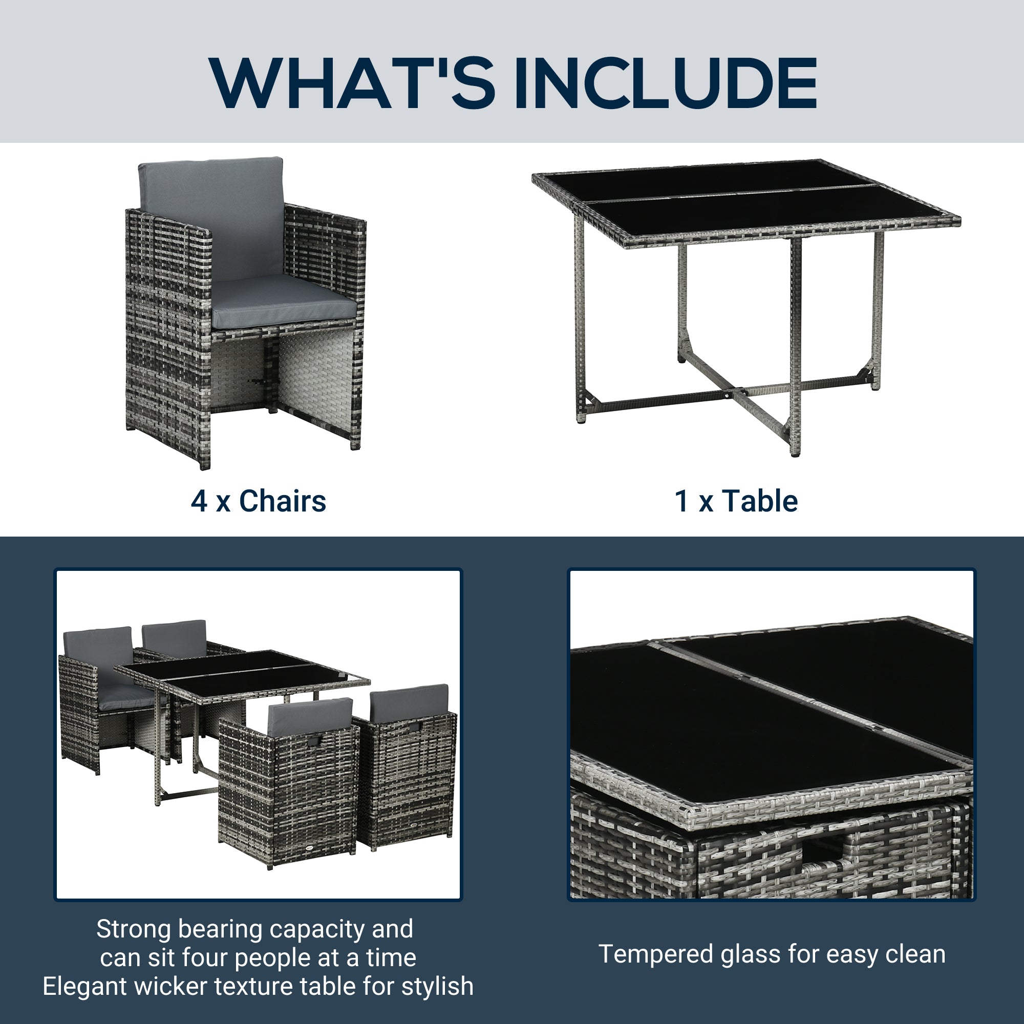 Outsunny 5 Pieces Wicker Patio Dining Set Outdoor Furniture Set with Removable Cushions, Glass Top Dining Table, PE Rattan Conversation Set for Garden Poolside Backyard, Grey