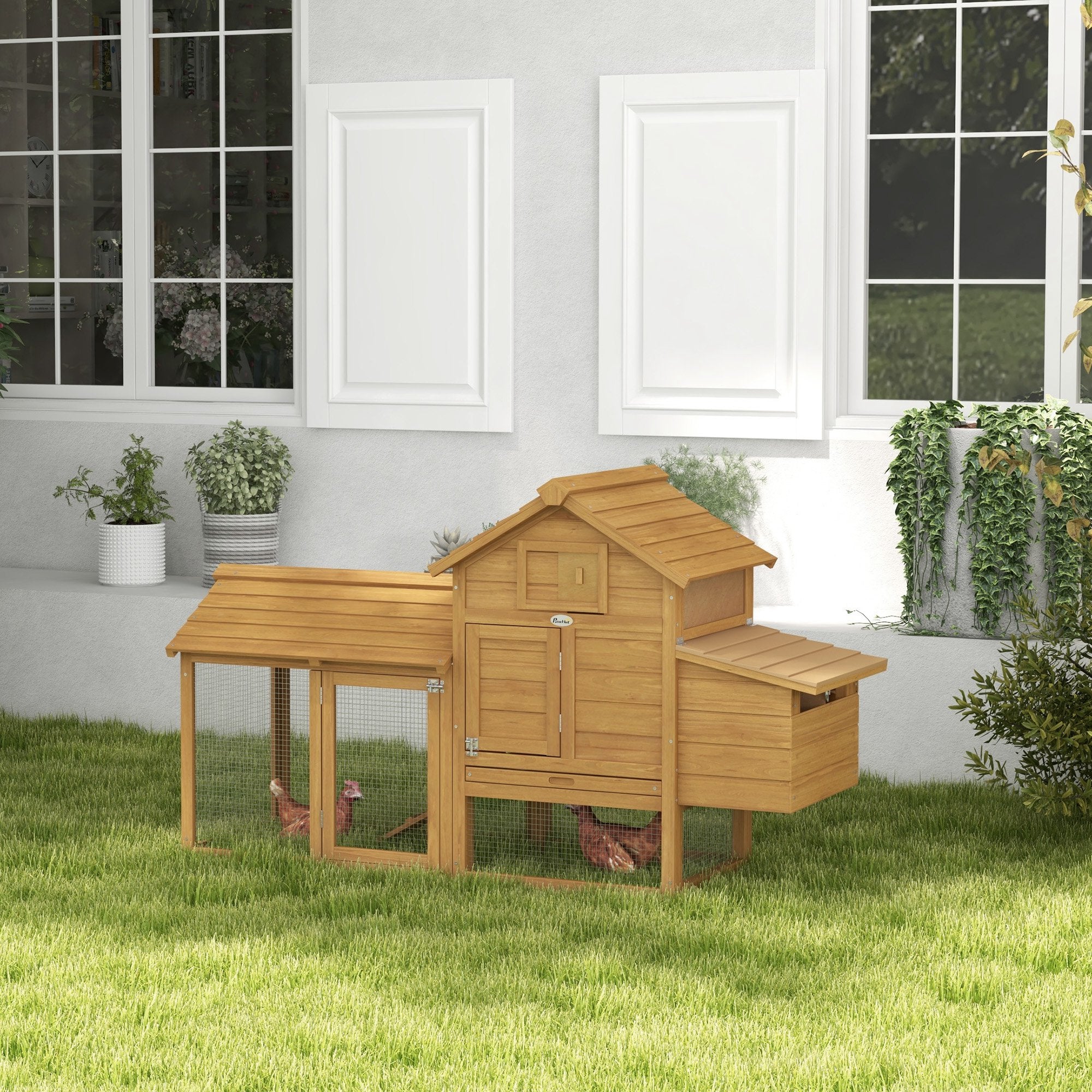 PawHut Small Chicken Coop with Run Hen House Poultry Coops Cages Nesting Box Wood 150.5 x 54 x 87cm