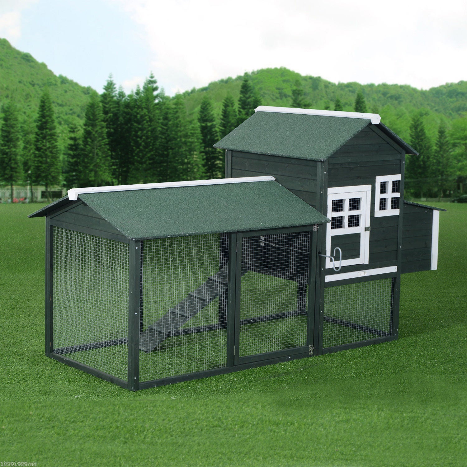 PawHut 84" Chicken Coop Wooden Hen House Rabbit Hutch Poultry Cage Pen Outdoor Backyard with Nesting Box and Run, Green