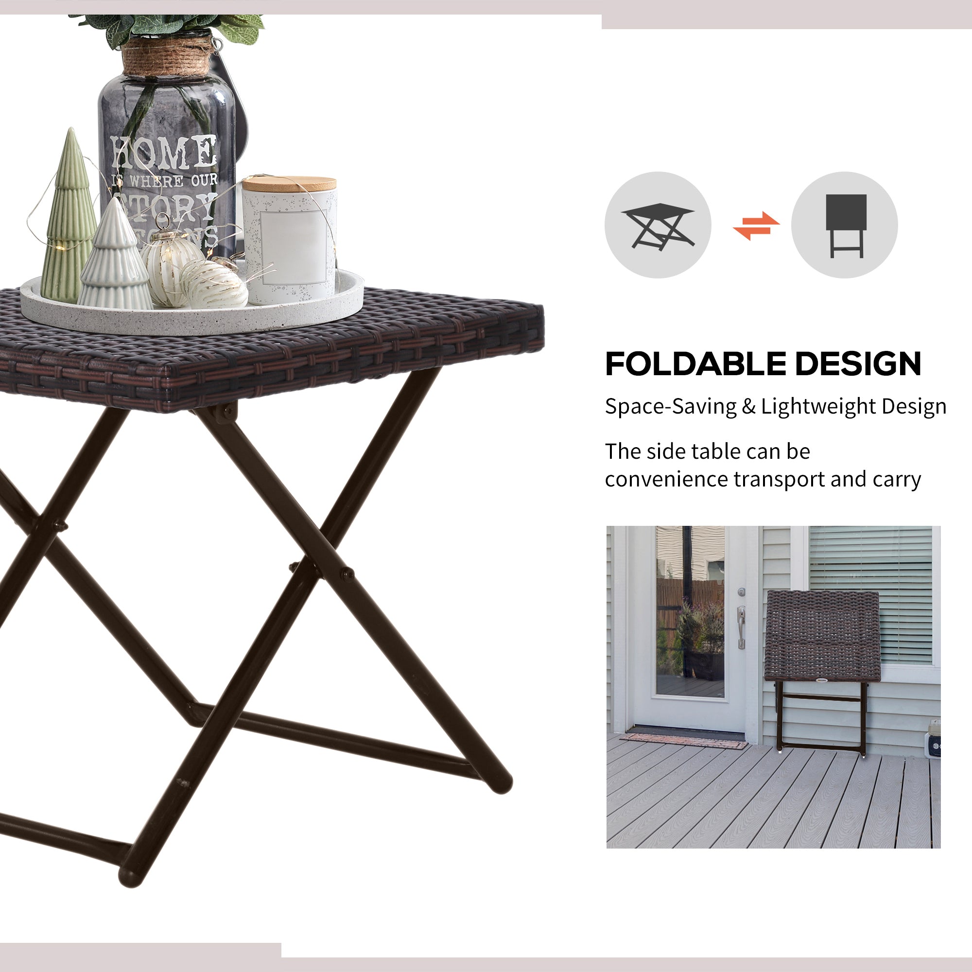 Outsunny Rattan Coffee Table Folding Patio Outdoor Side Table Wicker for Balcony, Porch, Poolside, 15.75