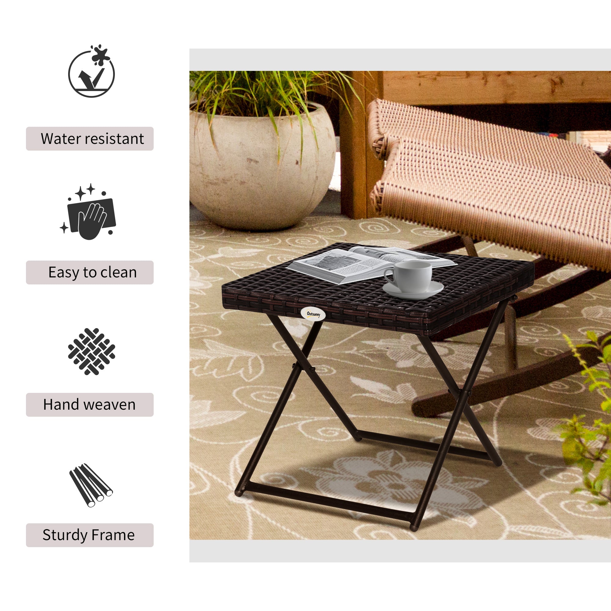 Outsunny Rattan Coffee Table Folding Patio Outdoor Side Table Wicker for Balcony, Porch, Poolside, 15.75