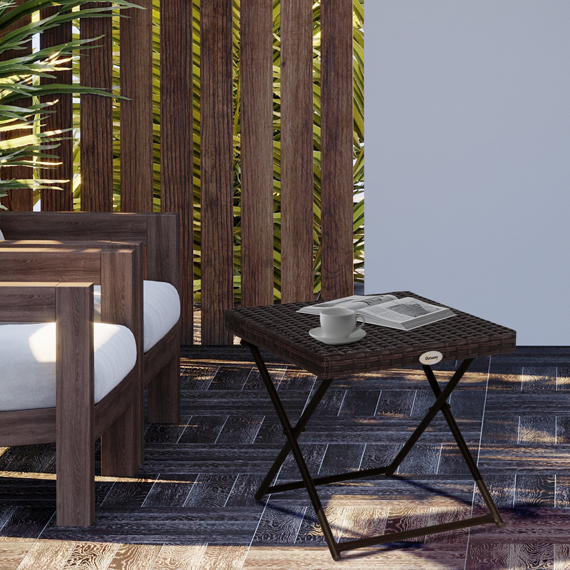 Outsunny Rattan Coffee Table Folding Patio Outdoor Side Table Wicker for Balcony, Porch, Poolside, 15.75