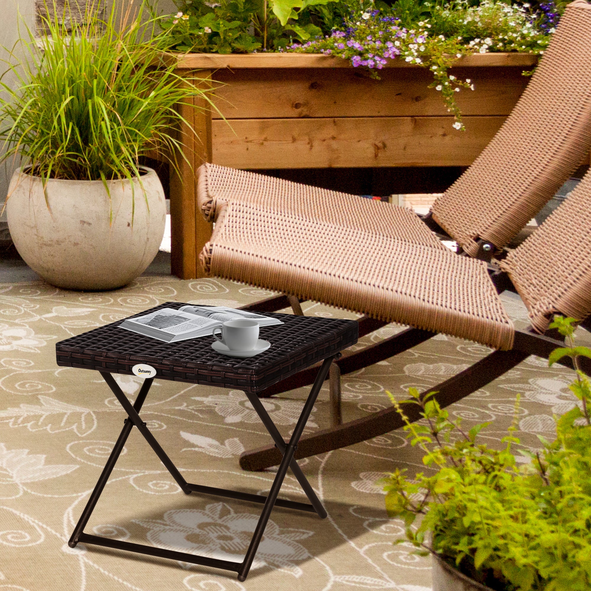 Outsunny Rattan Coffee Table Folding Patio Outdoor Side Table Wicker for Balcony, Porch, Poolside, 15.75