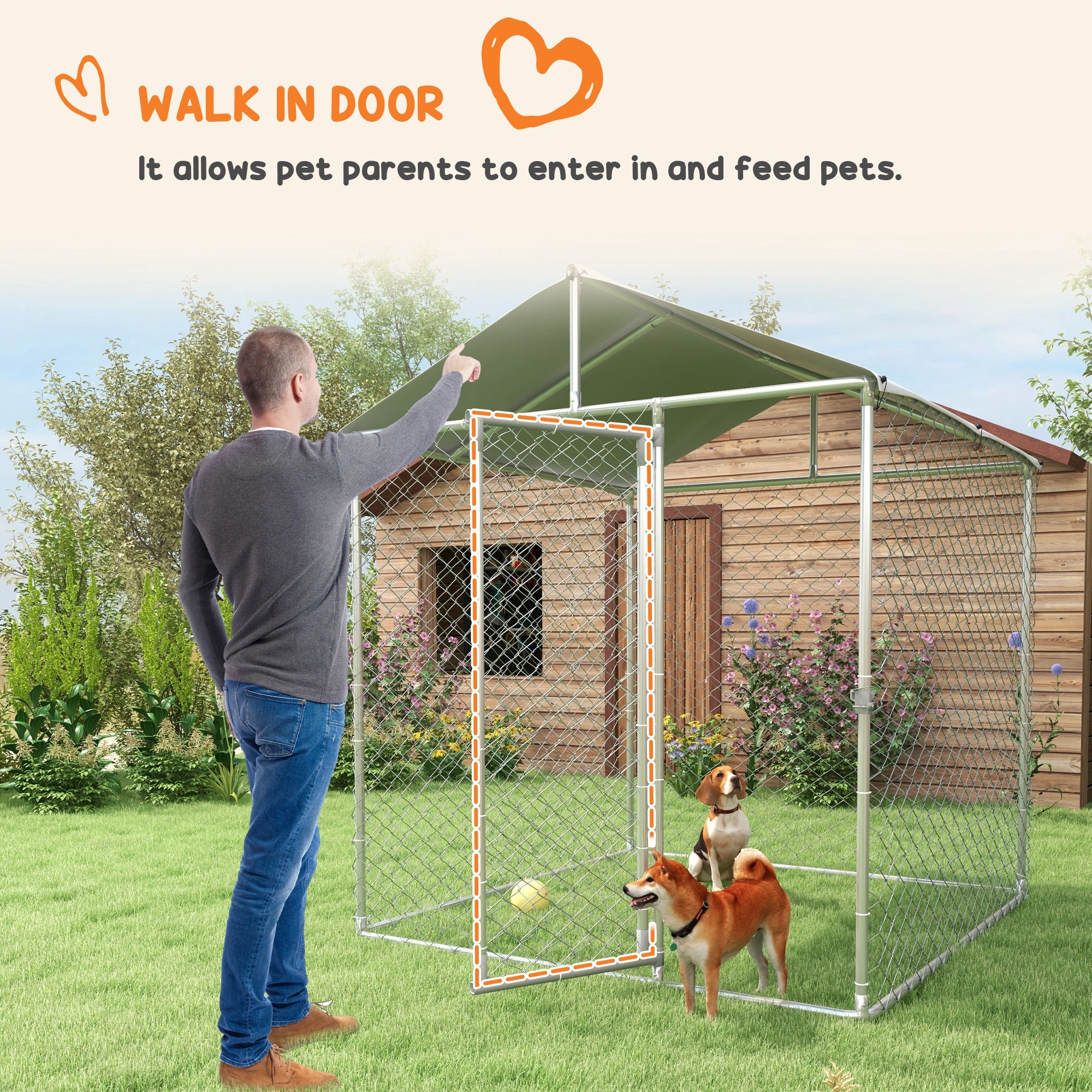 PawHut Large Dog Kennel Outside, Heavy Duty Dog Cage with Waterproof Cover, Outdoor Fence Dog Run with Galvanized Chain Link, Secure Lock, 6.6' x 6.6' x 7.8'