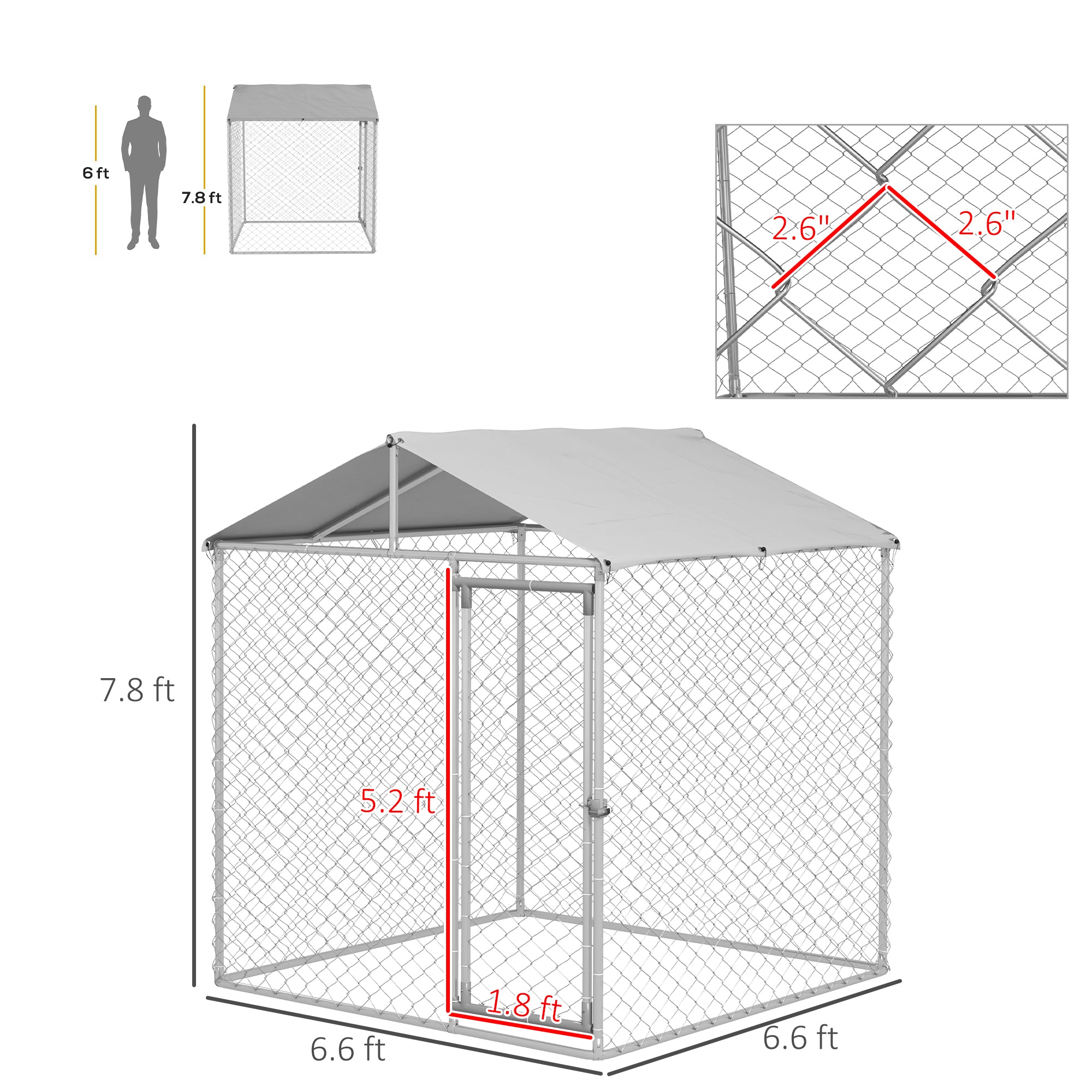 PawHut Large Dog Kennel Outside, Heavy Duty Dog Cage with Waterproof Cover, Outdoor Fence Dog Run with Galvanized Chain Link, Secure Lock, 6.6' x 6.6' x 7.8'