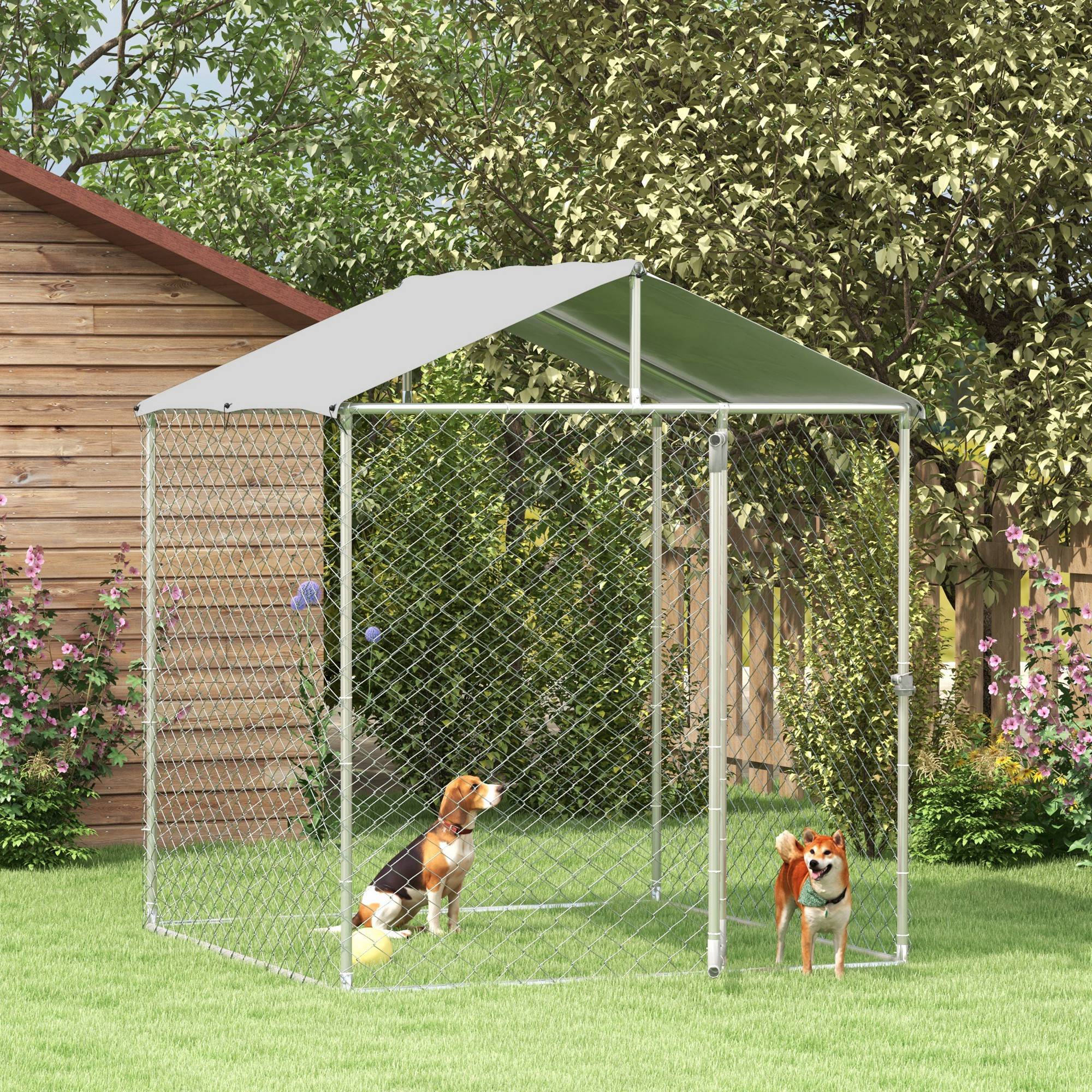 PawHut Large Dog Kennel Outside, Heavy Duty Dog Cage with Waterproof Cover, Outdoor Fence Dog Run with Galvanized Chain Link, Secure Lock, 6.6' x 6.6' x 7.8'