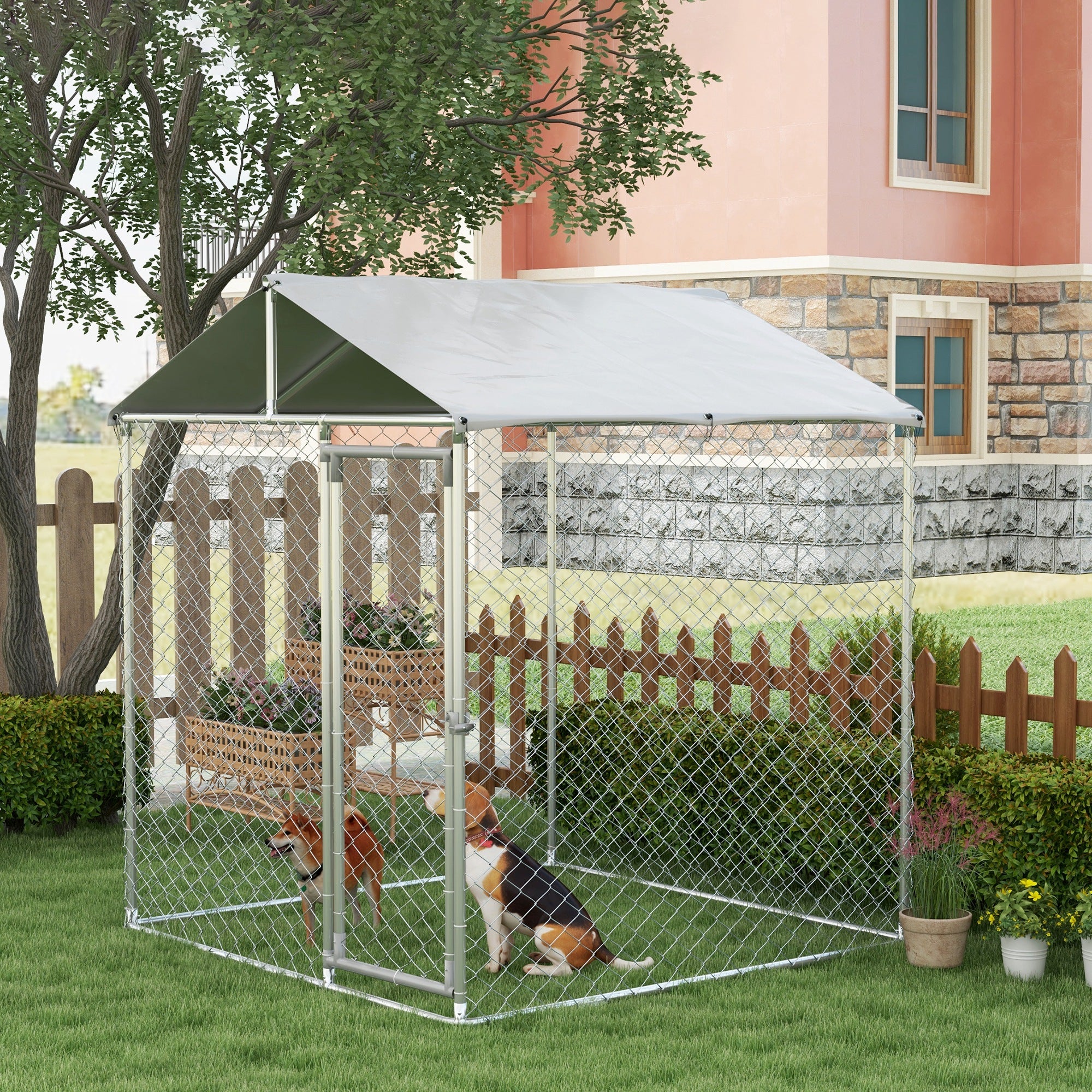 PawHut Large Dog Kennel Outside, Heavy Duty Dog Cage with Waterproof Cover, Outdoor Fence Dog Run with Galvanized Chain Link, Secure Lock, 6.6' x 6.6' x 7.8'