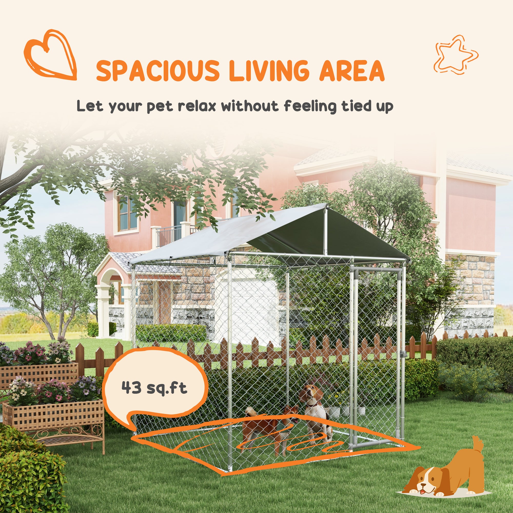 PawHut Large Dog Kennel Outside, Heavy Duty Dog Cage with Waterproof Cover, Outdoor Fence Dog Run with Galvanized Chain Link, Secure Lock, 6.6' x 6.6' x 7.8'