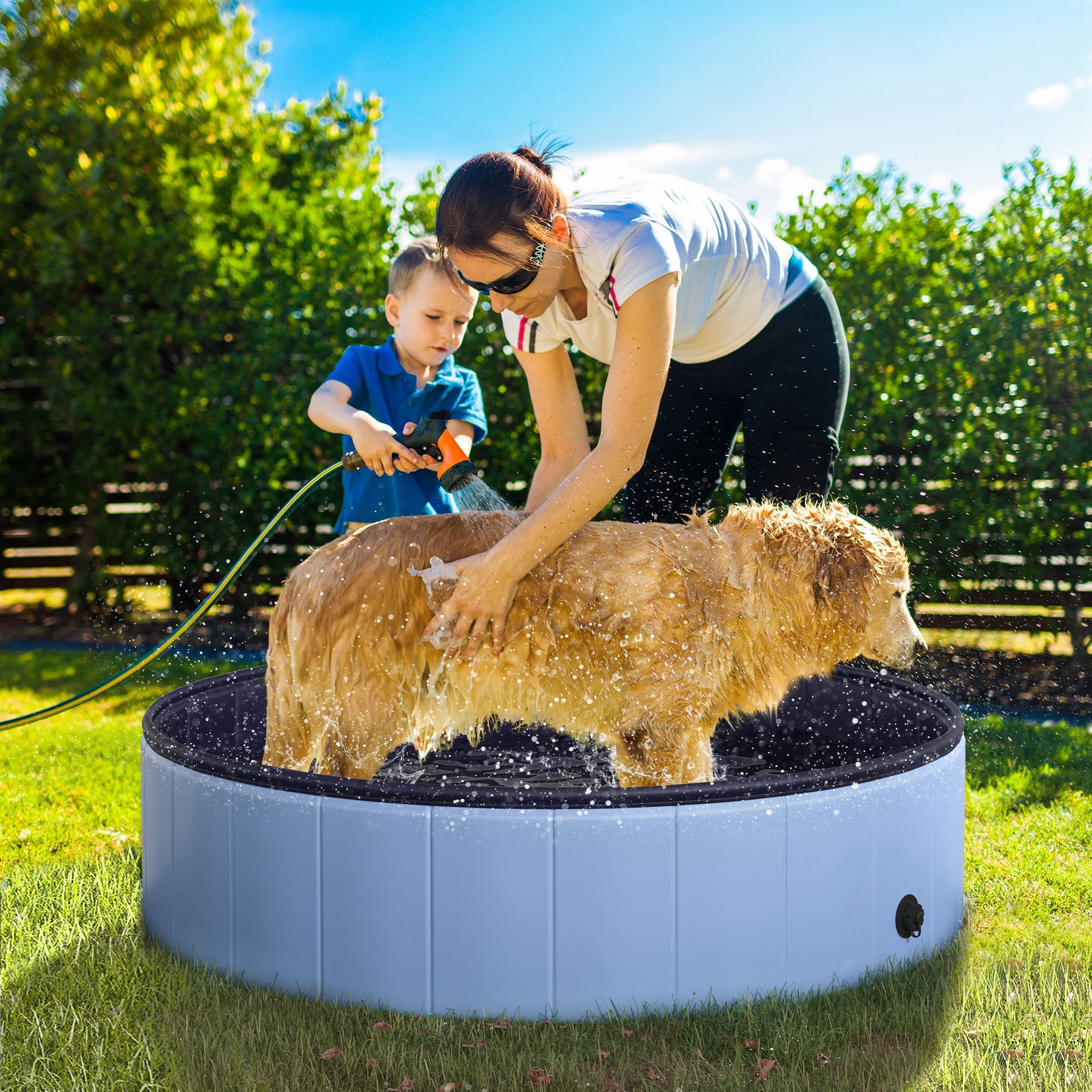 PawHut Folding Dog Pool Portable Pet Kiddie Swimming Pool, Outdoor/Indoor Puppy Bath Tub with Nonslip Bottom for Dogs & Cats,  (Φ47", Blue)