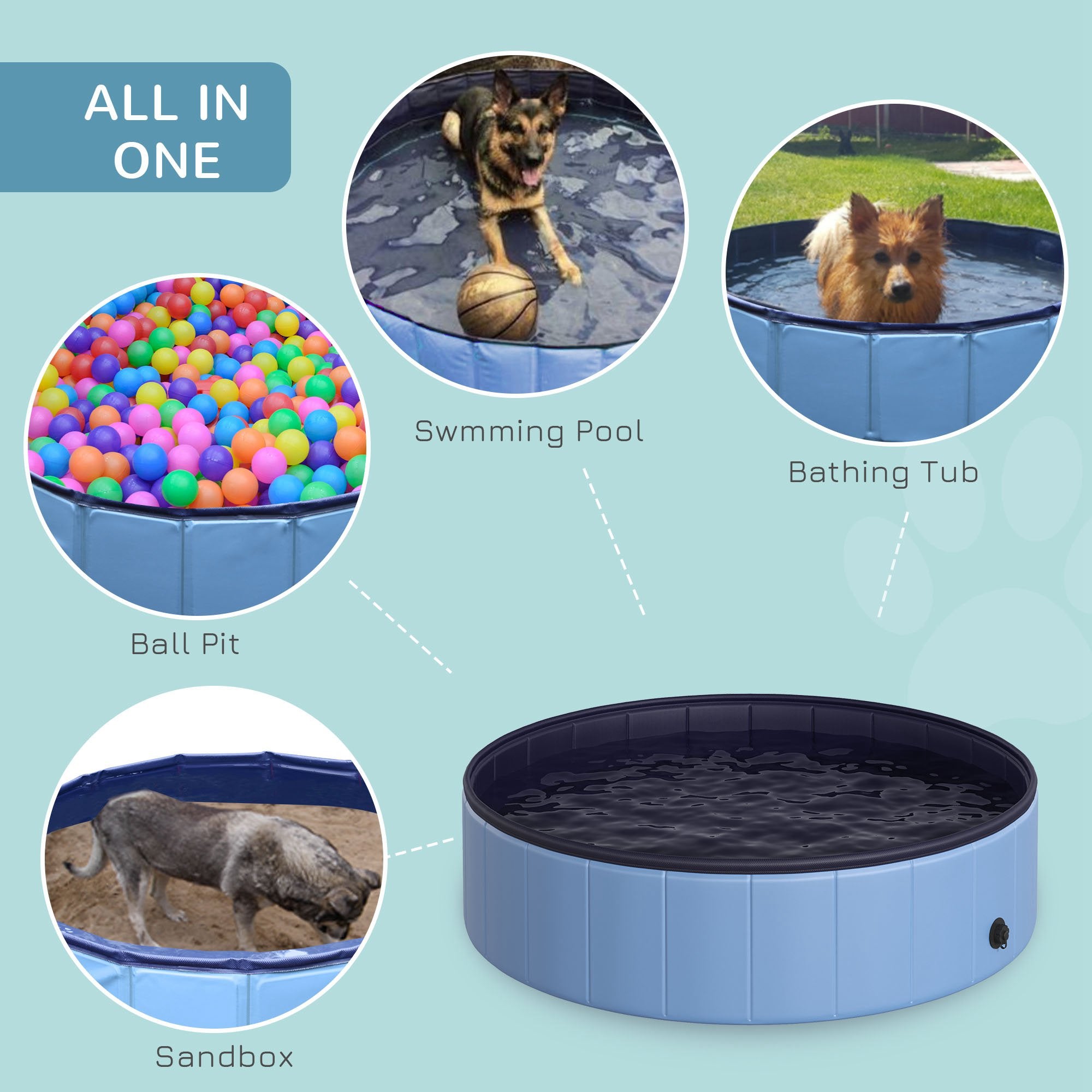 PawHut Folding Dog Pool Portable Pet Kiddie Swimming Pool, Outdoor/Indoor Puppy Bath Tub with Nonslip Bottom for Dogs & Cats,  (Φ47", Blue)