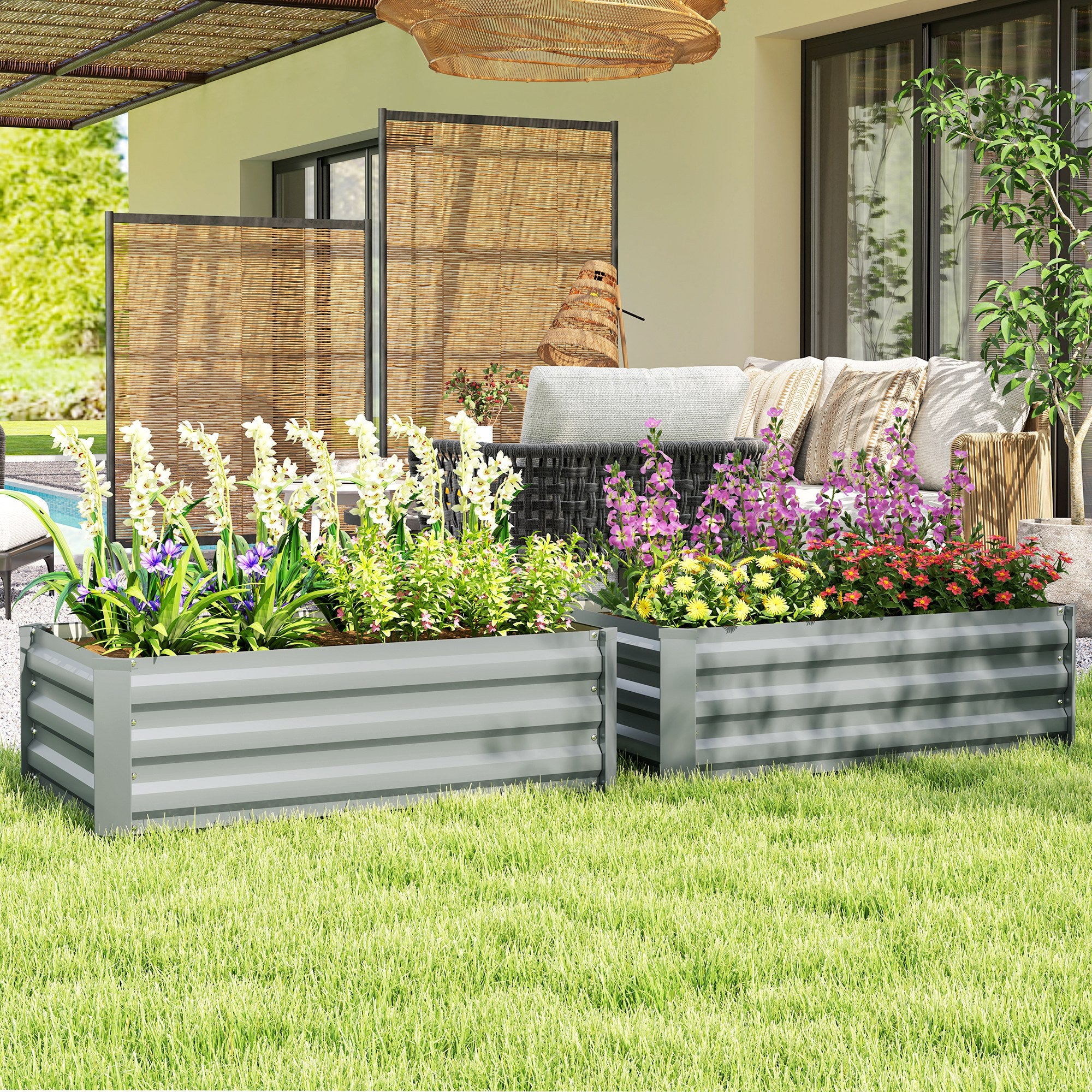 Outsunny Set of 2 Raised Garden Beds, Galvanized Planters for Outdoor Plants, Elevated Planter Box, Easy-to-assemble, for Growing Flowers, Herbs and Vegetables, Light Grey