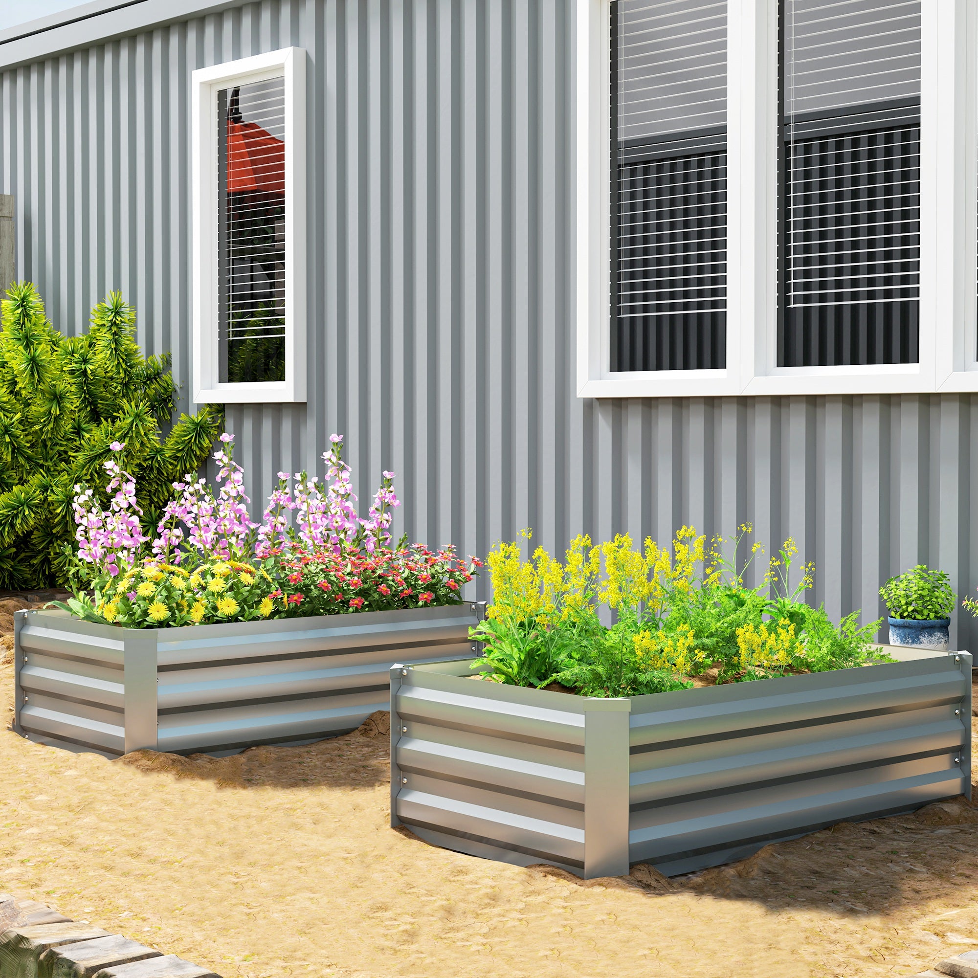 Outsunny Set of 2 Raised Garden Beds, Galvanized Planters for Outdoor Plants, Elevated Planter Box, Easy-to-assemble, for Growing Flowers, Herbs and Vegetables, Light Grey