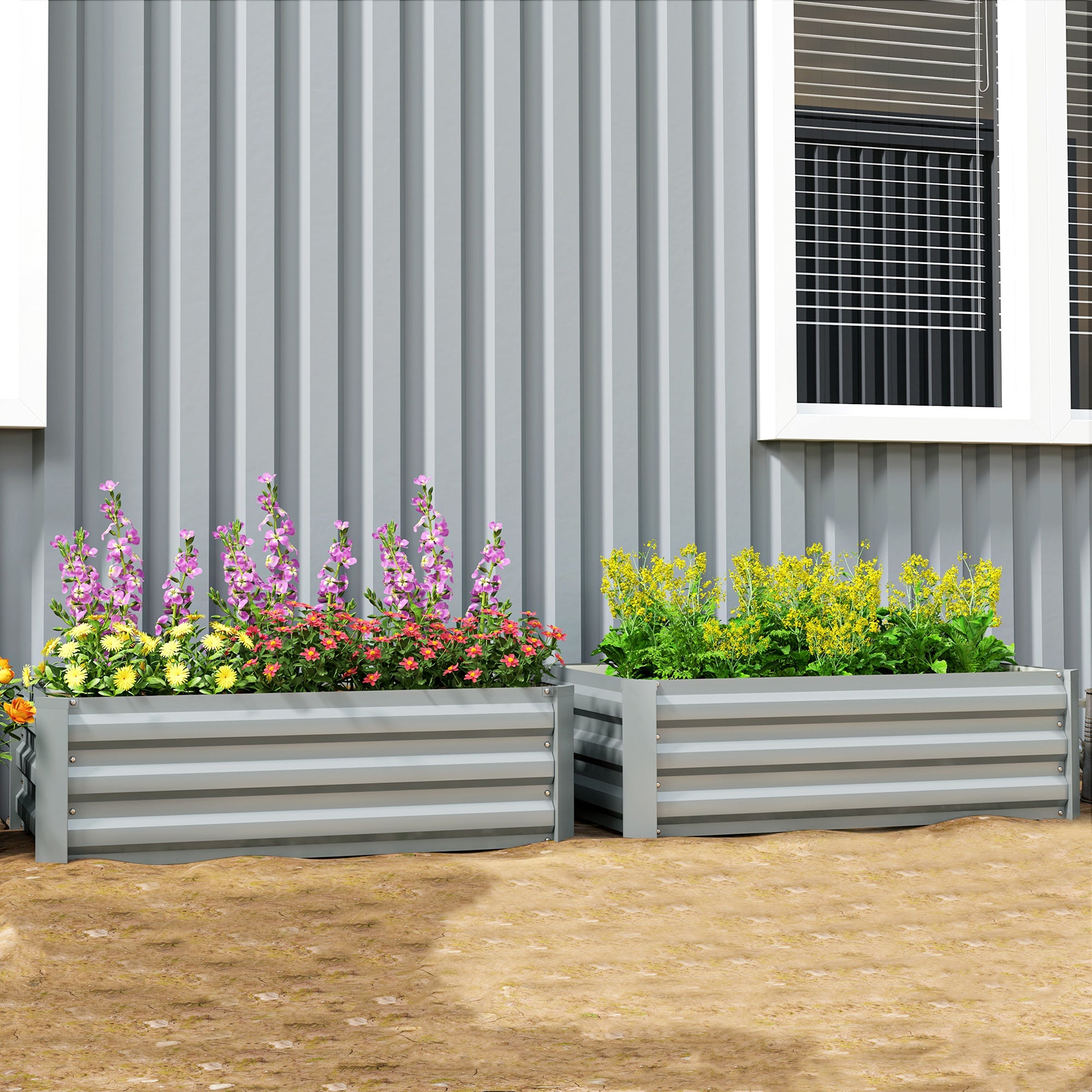 Outsunny Set of 2 Raised Garden Beds, Galvanized Planters for Outdoor Plants, Elevated Planter Box, Easy-to-assemble, for Growing Flowers, Herbs and Vegetables, Light Grey